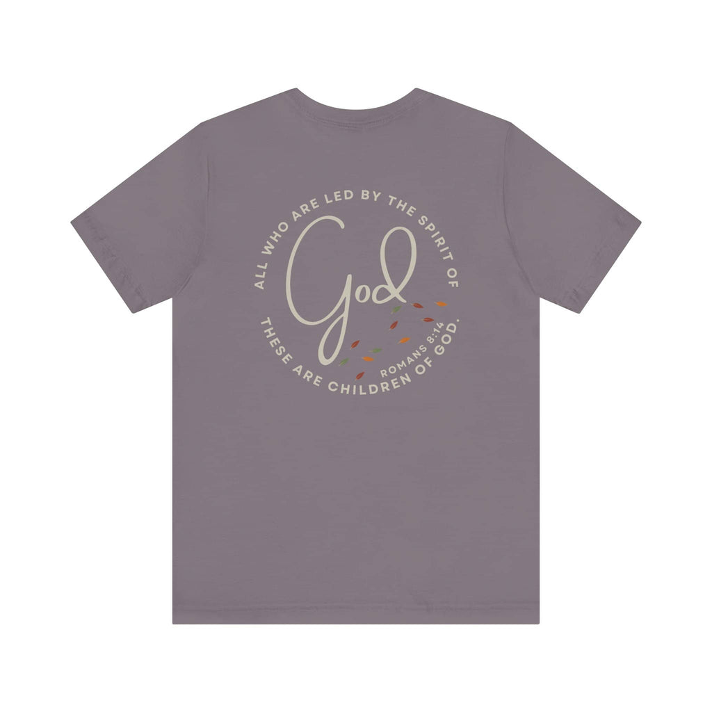 Logos Spirit Lead Me shirt with faith-inspired quote and autumn leaf design on the back in gray color