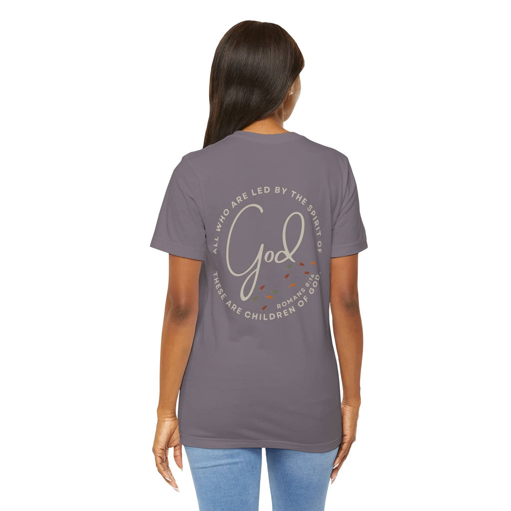 Back view of woman wearing a gray Spirit Lead Me shirt with God scripture text from Logos