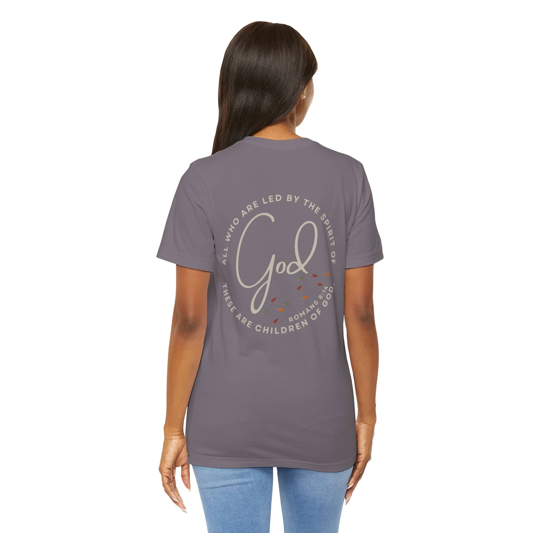 Back view of woman wearing a gray Spirit Lead Me shirt with God scripture text from Logos