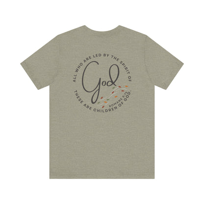 Logos Spirit Lead Me shirt in light brown with inspirational Romans 8:14 scripture design on back