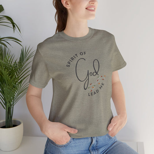 Logos Spirit Lead Me shirt in gray worn by woman with short sleeves and round neck