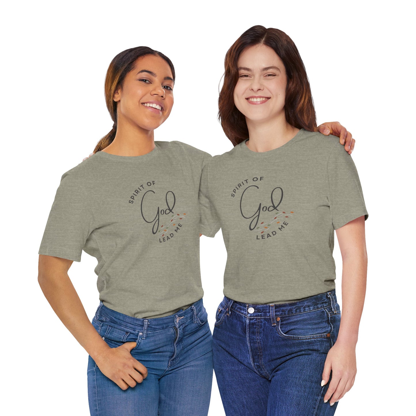 Two women wearing gray Spirit Lead Me shirt with Romans 8:14 script design standing side by side