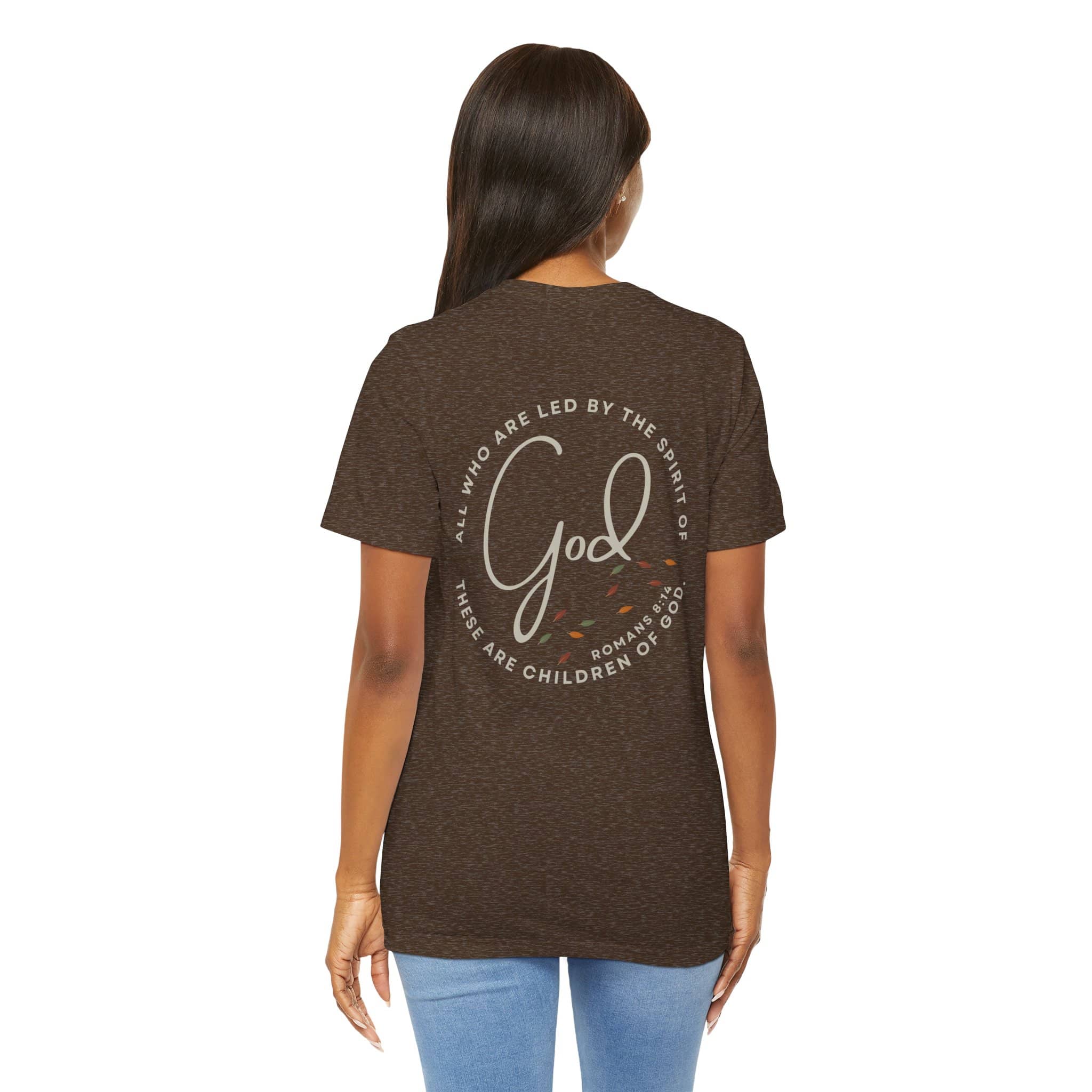 Back view of a woman wearing a heather brown Spirit Lead Me shirt with God scripture design by Logos