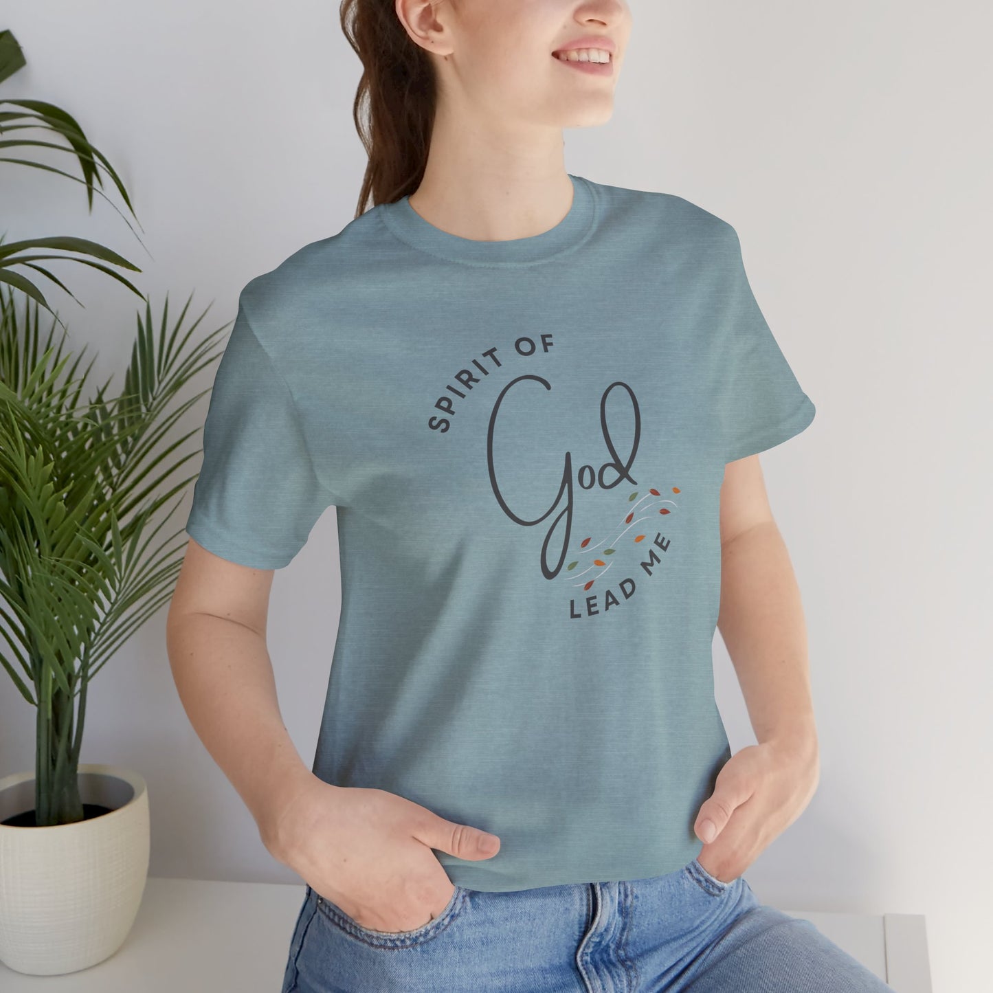 Light blue Spirit Lead Me shirt by Logos with 'Spirit of God Lead Me' design worn by woman