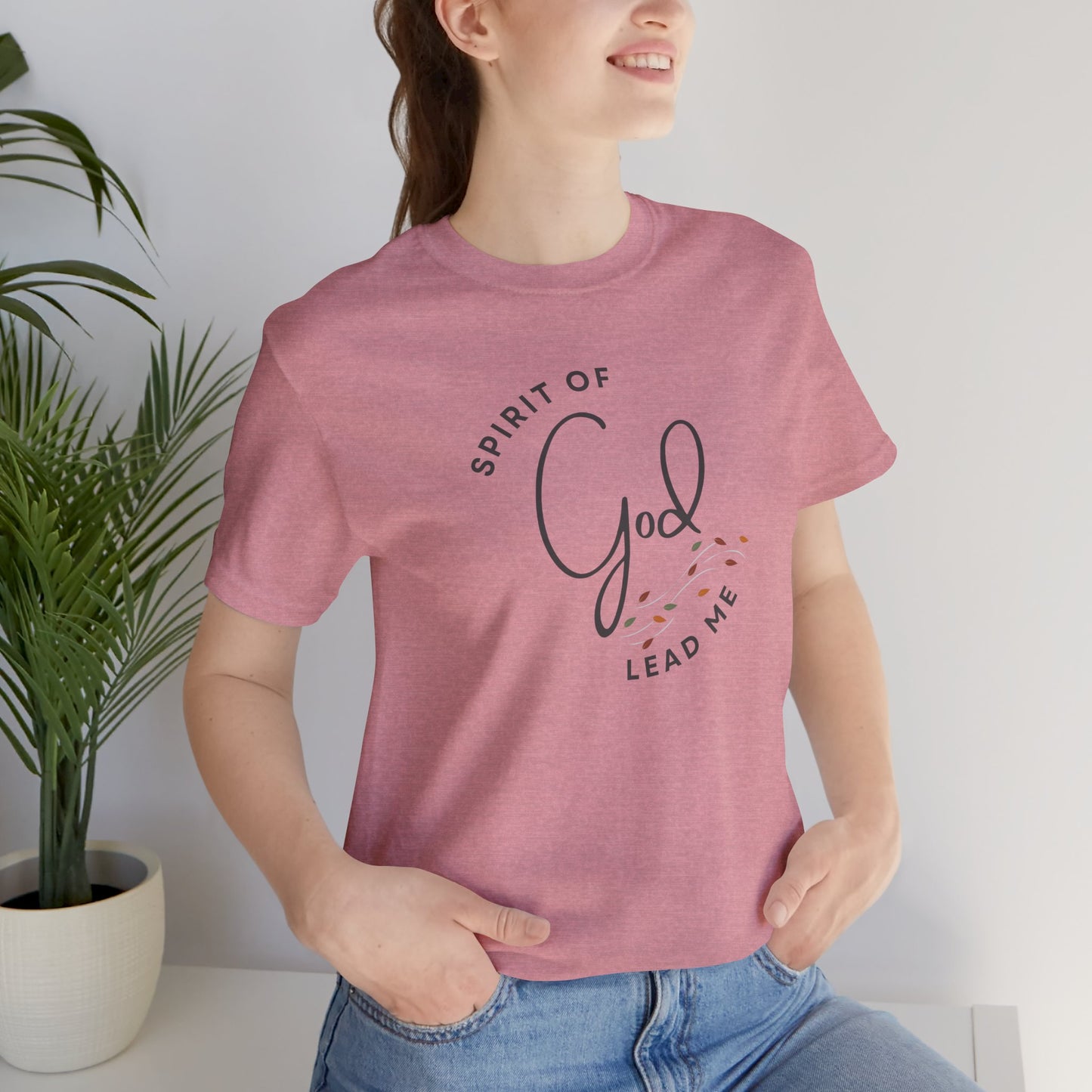 Pink Spirit Lead Me shirt by Logos with Spirit of God graphic worn by smiling woman