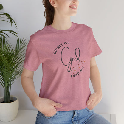 Pink Spirit Lead Me shirt by Logos with Spirit of God graphic worn by smiling woman