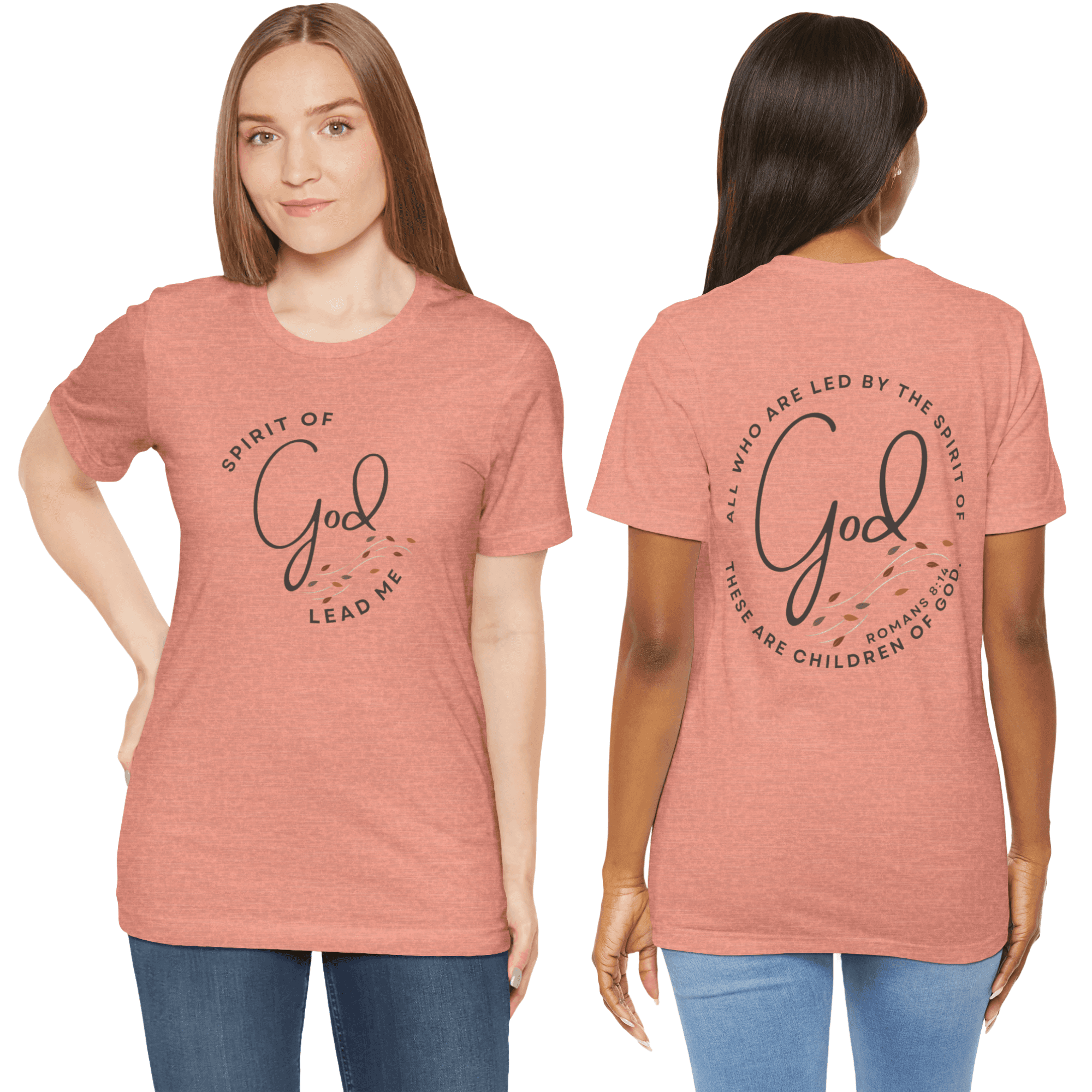 Spirit Lead Me shirt in peach with front and back views featuring inspirational scripture design
