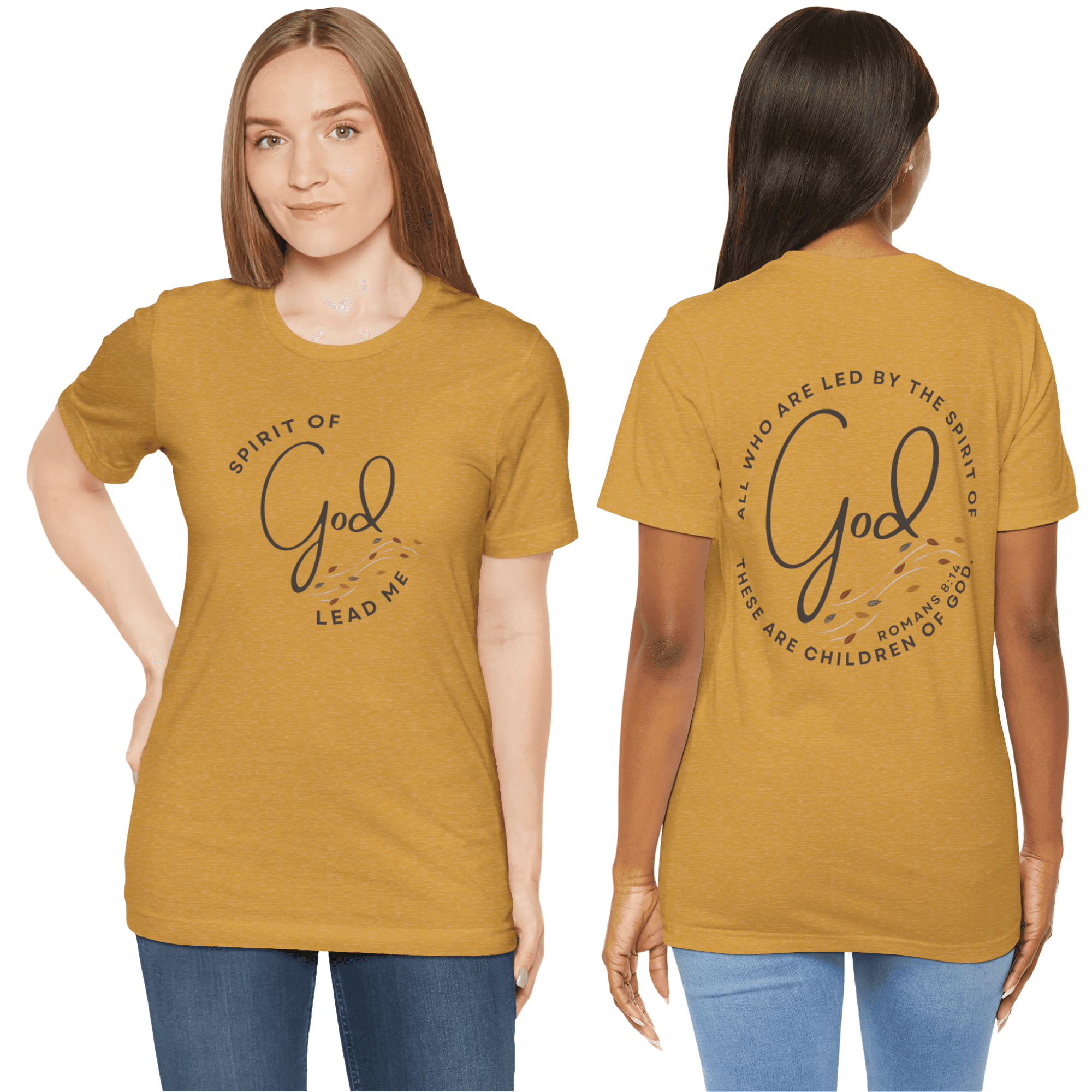 T-Shirt with 'Spirit Lead Me' scripture in mustard color, front and back view featuring faith-inspired design