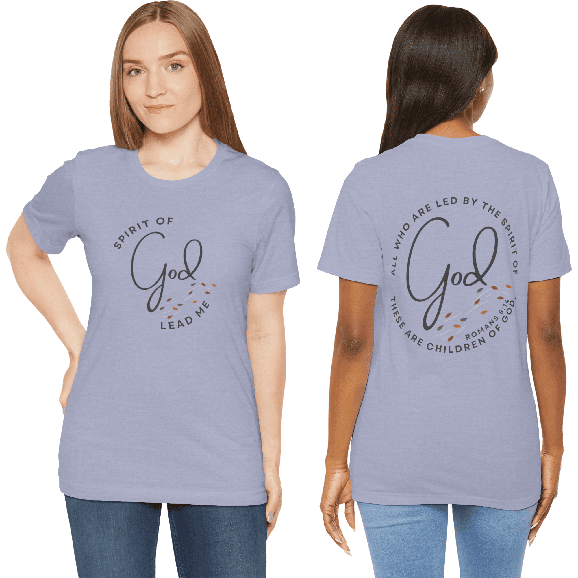 Spirit Lead Me shirt in lavender with inspirational scripture on the front and back view