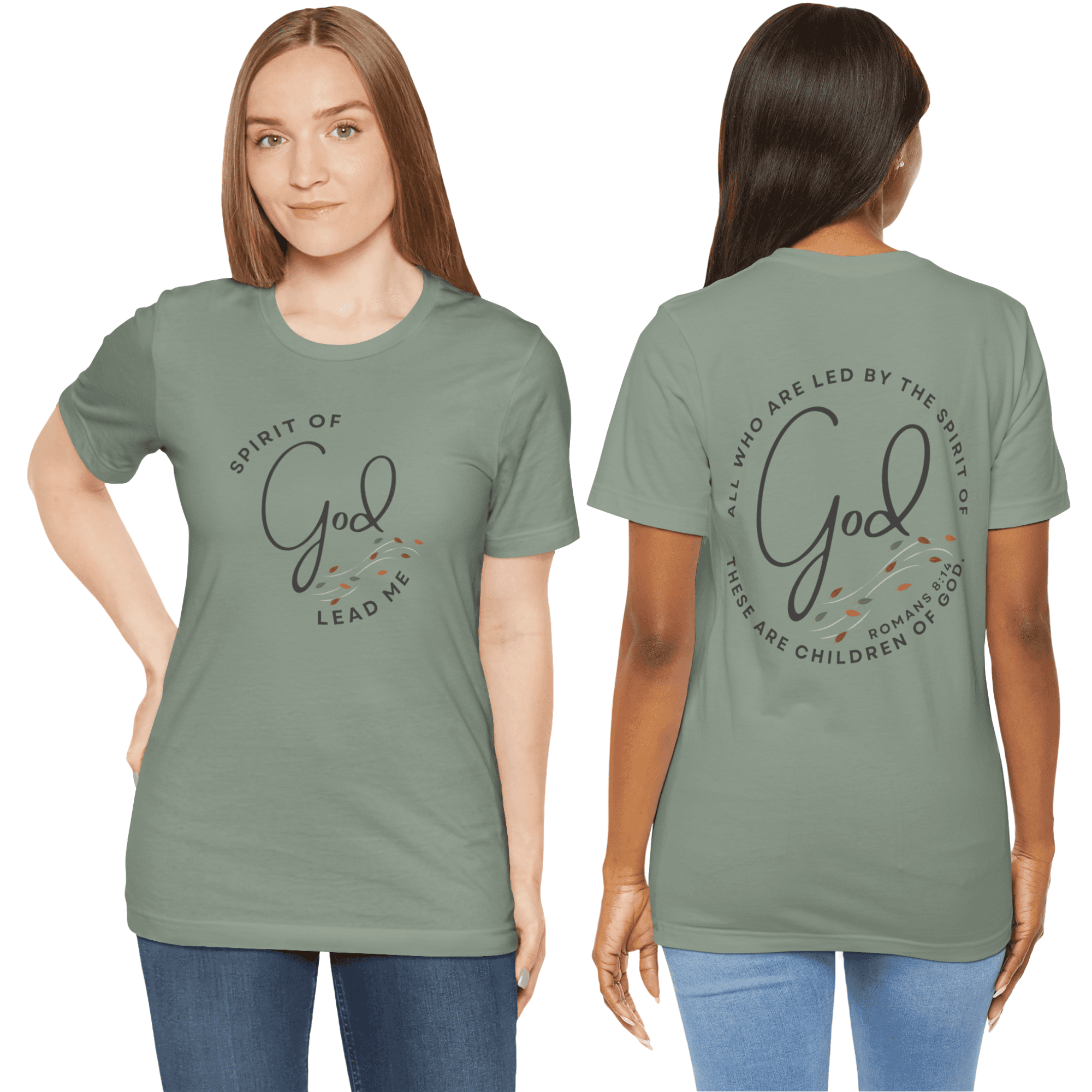 Spirit Lead Me shirt in olive green featuring the phrase on both front and back views