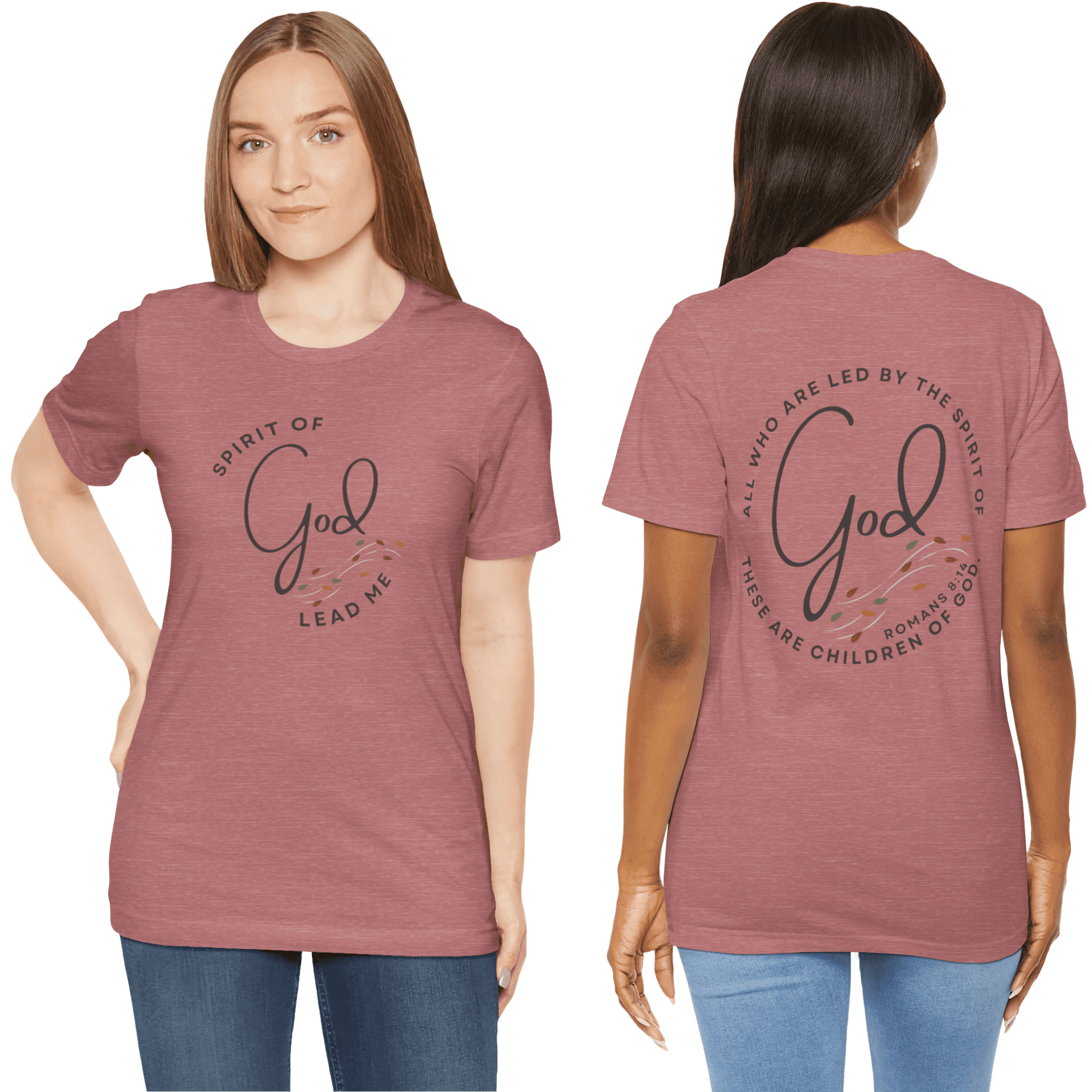 T-Shirt with 'Spirit Lead Me' scripture in a soft maroon color, featuring front and back views.