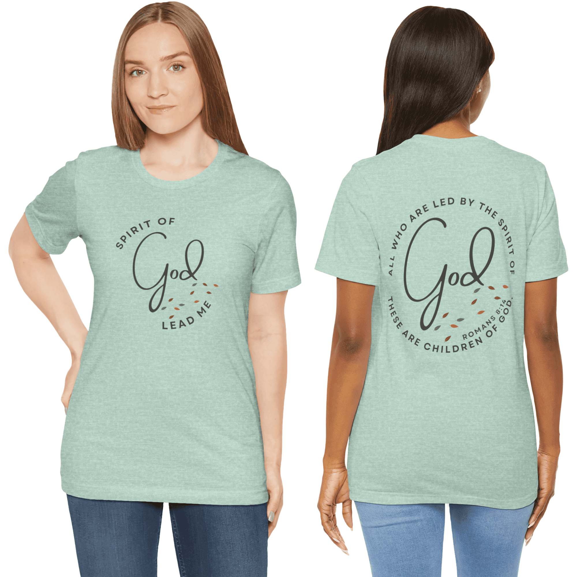 Spirit Lead Me shirt in mint green with inspirational design, view of front and back