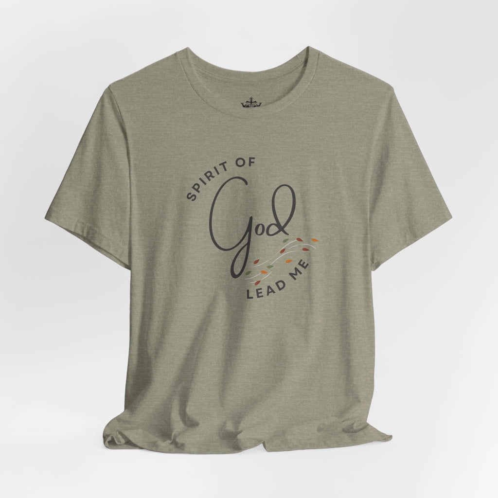 Men's Spirit Lead Me shirt in olive green with inspirational scripture design on the front
