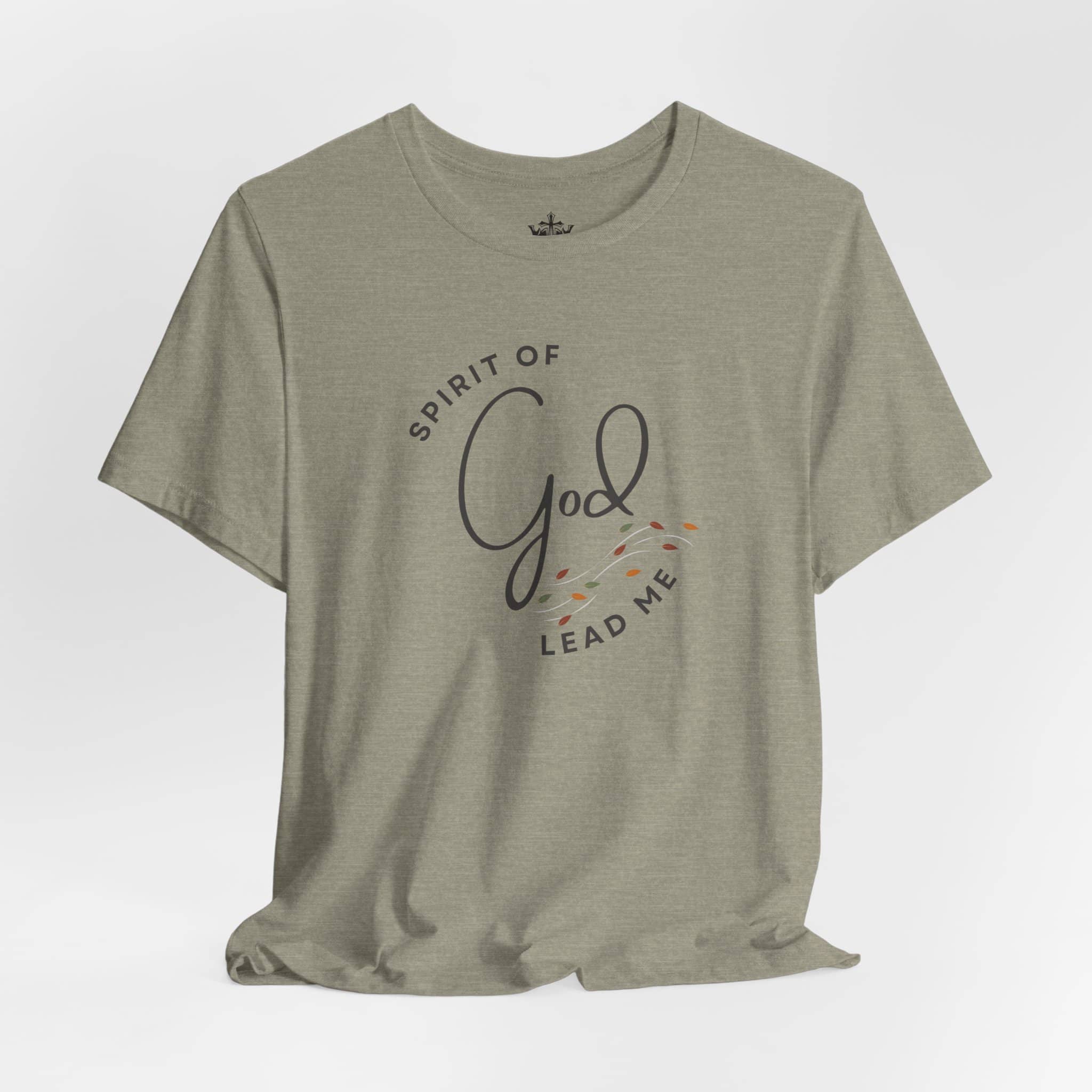 Men's Spirit Lead Me shirt in olive green with inspirational scripture design on the front