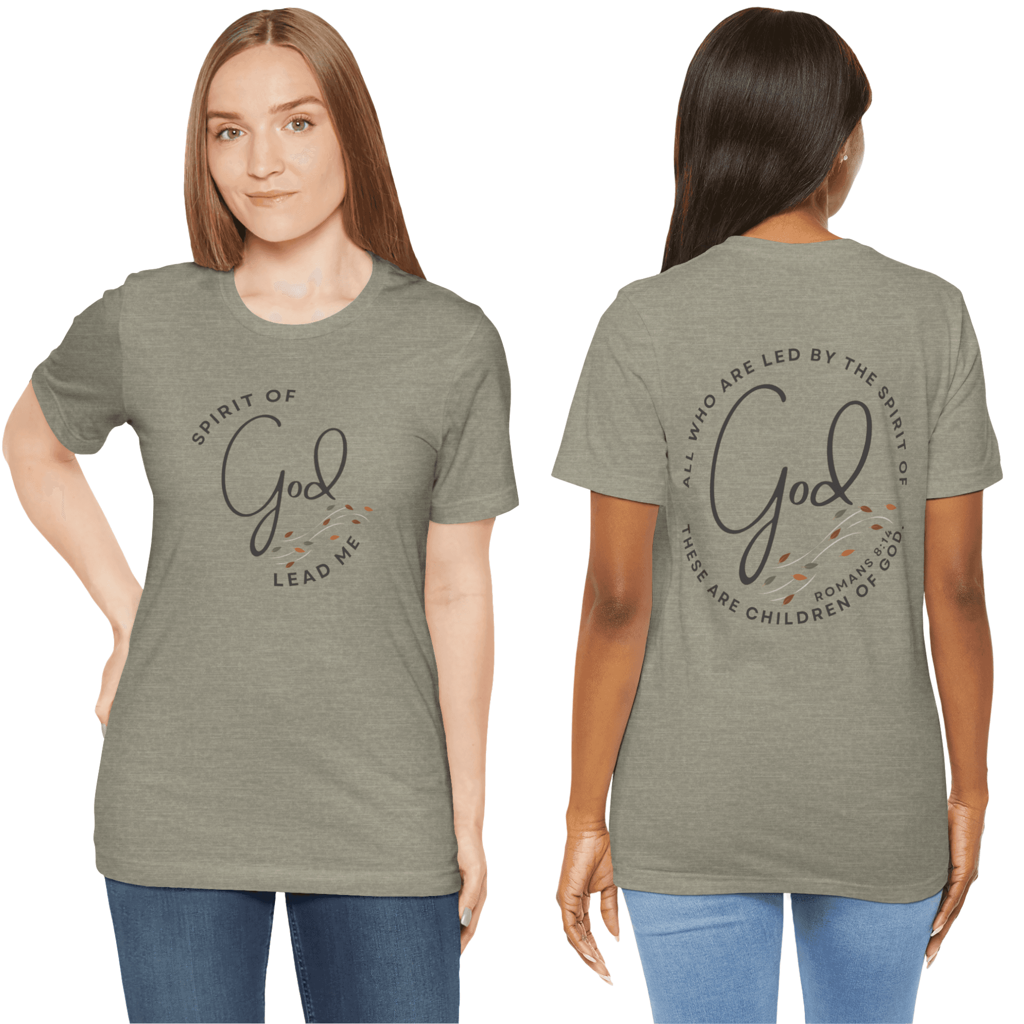 T-Shirt with 'Spirit Lead Me' scripture in earthy green color, front and back view, soft cotton material