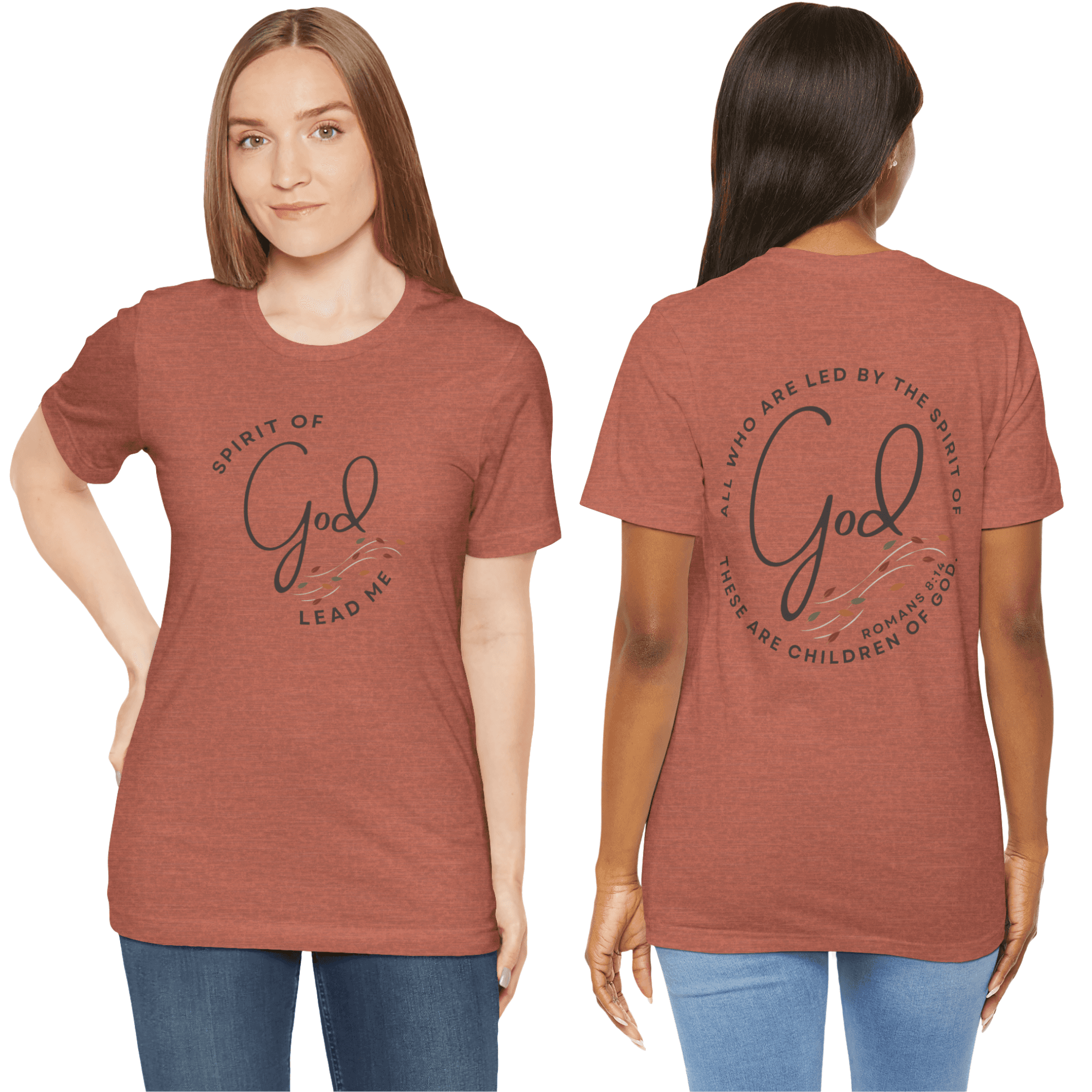 T-Shirt with 'Spirit Lead Me' scripture in dark brown on a rust background, front and back view
