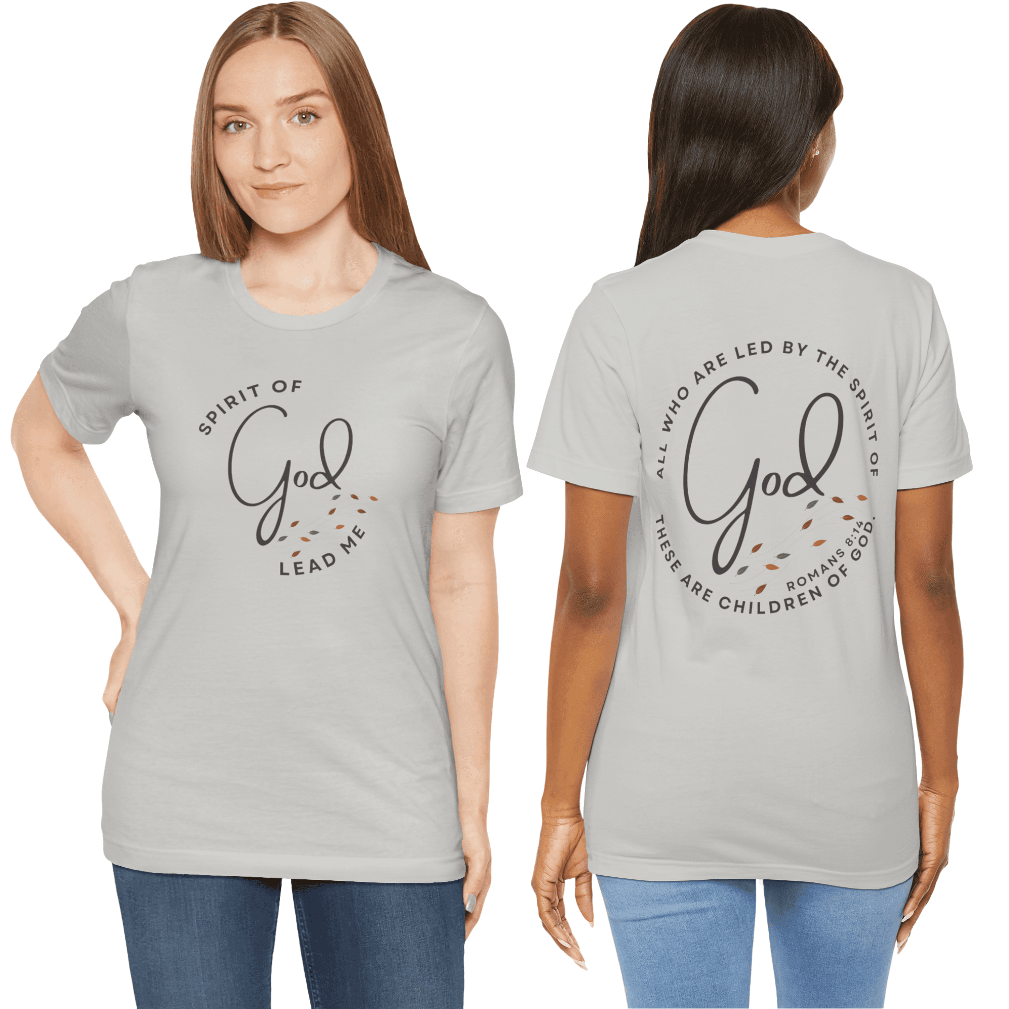 T-Shirt with 'Spirit Lead Me' design in gray, featuring scripture on front and back view