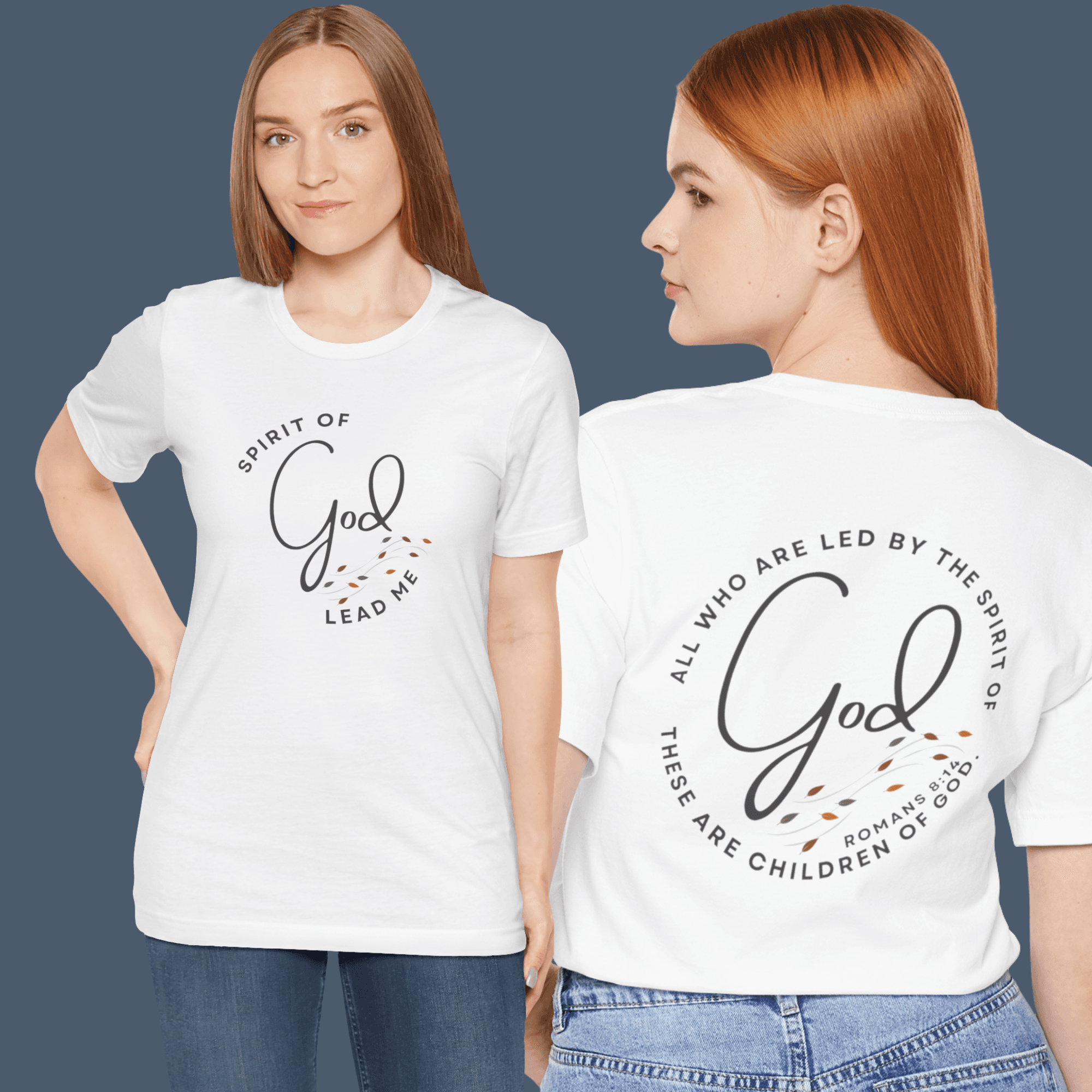 Spirit Lead Me shirt in white featuring scripture on the front and back view of the design