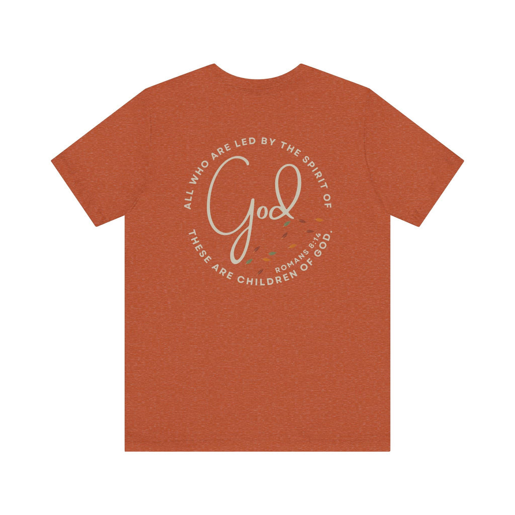 Logos Spirit Lead Me shirt in rust color with inspirational God scripture design on the back