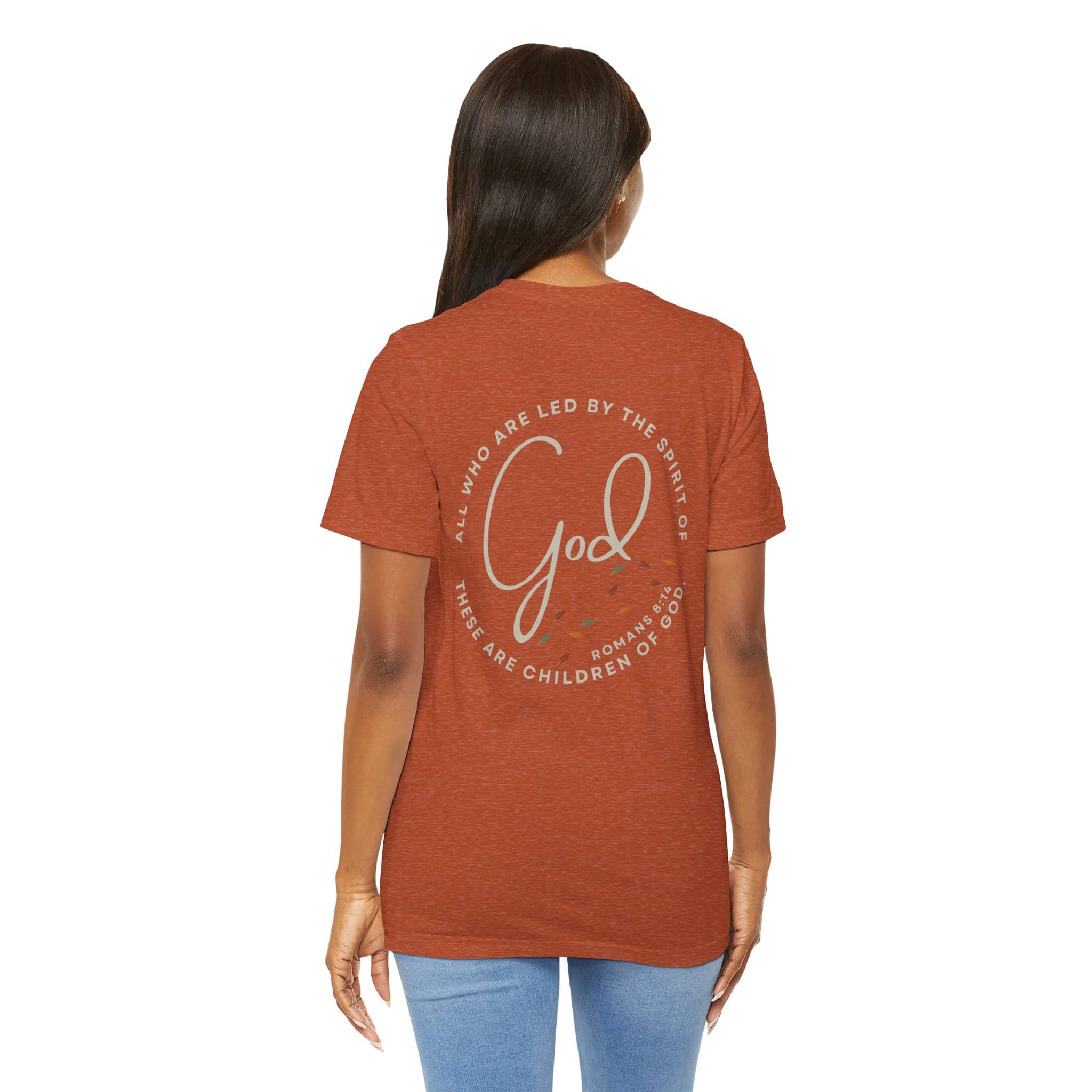 Back view of woman wearing rust color Spirit Lead Me shirt with inspirational God scripture design