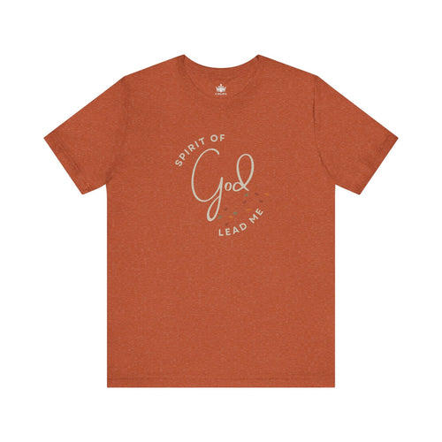 Rust-colored Spirit Lead Me shirt with God-themed spiritual text design on front