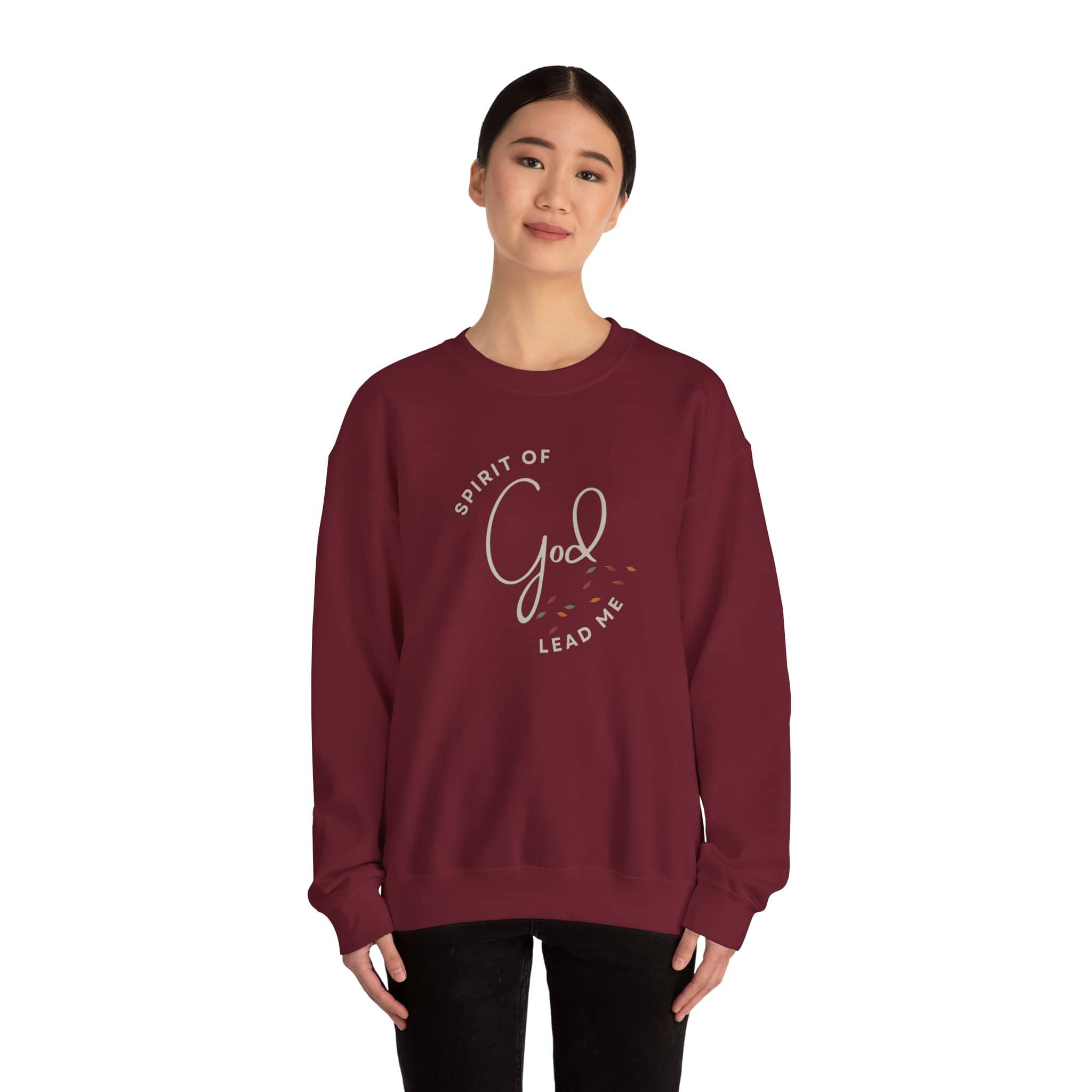 Logos Co. Spirit Lead Me sweatshirt in maroon with faith-inspired text design worn by woman