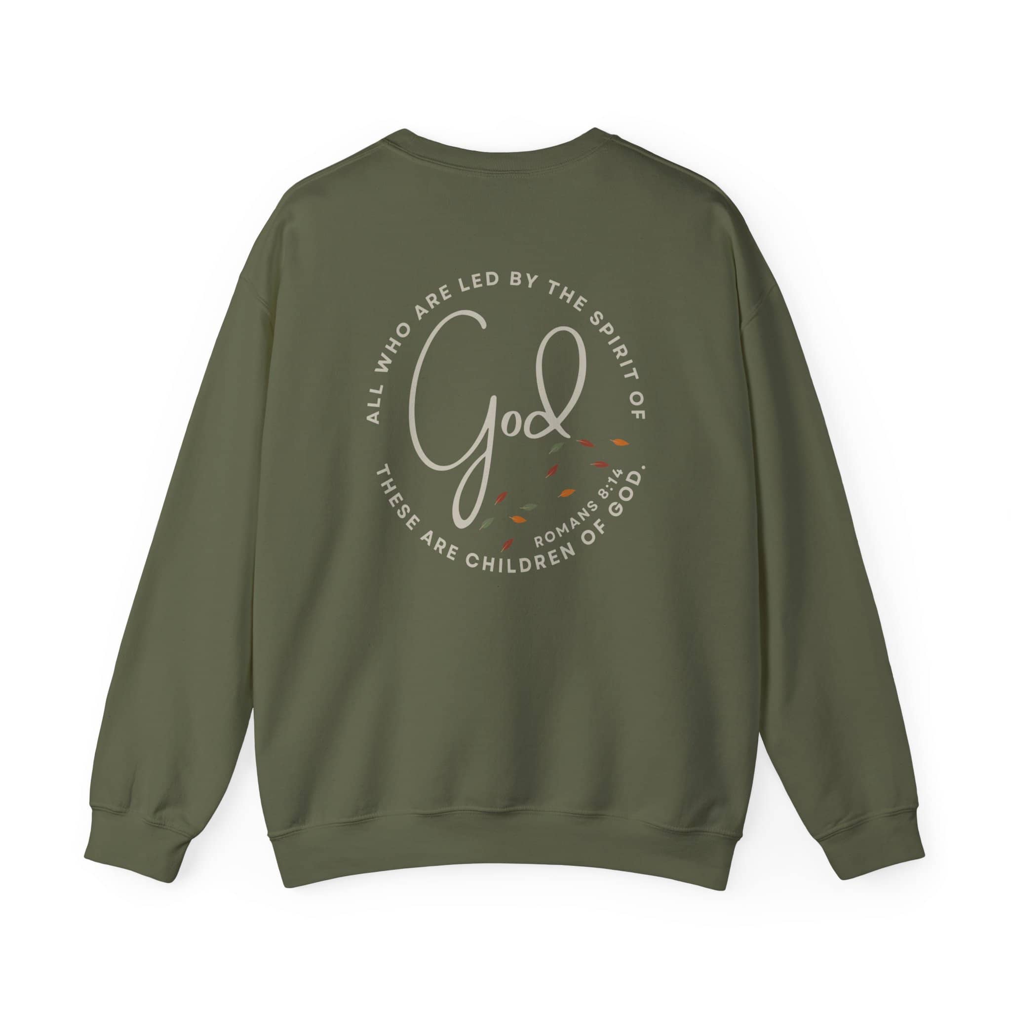 Olive green Spirit Lead Me sweatshirt with biblical text and God design on the back by Logos Co.