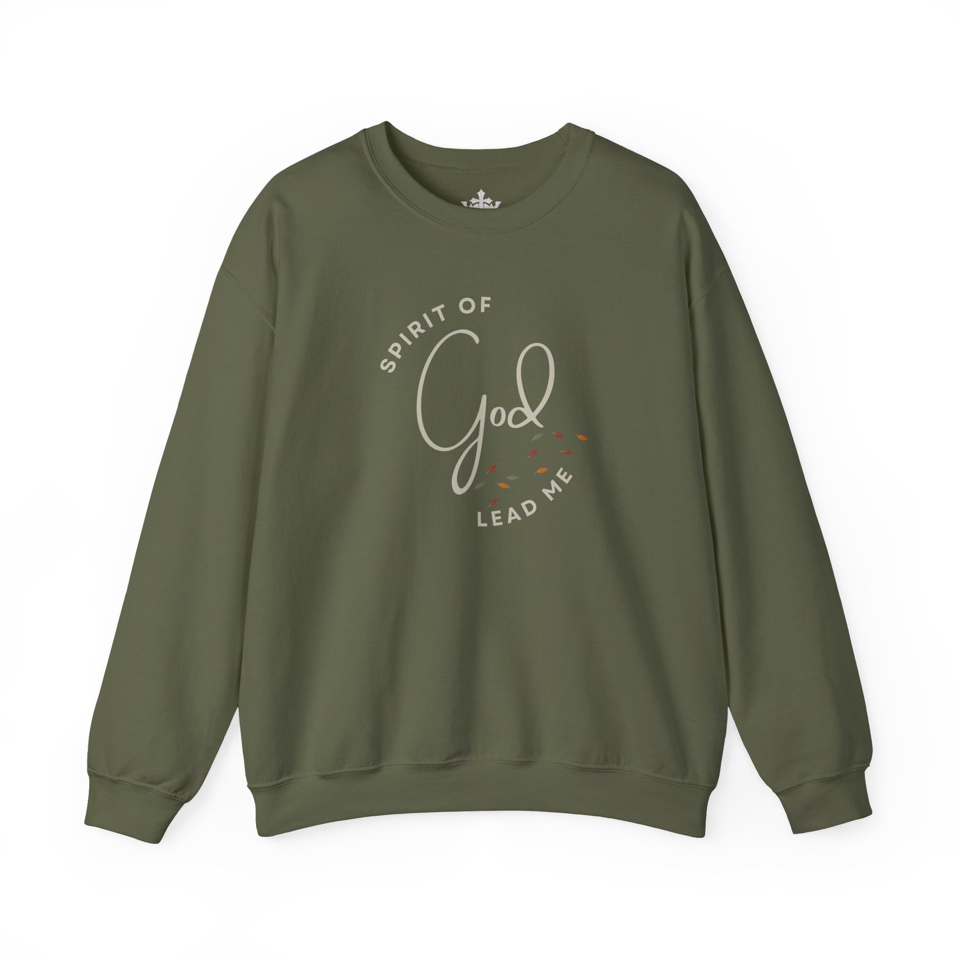 Olive green Spirit Lead Me sweatshirt with God-themed spiritual text printed on front