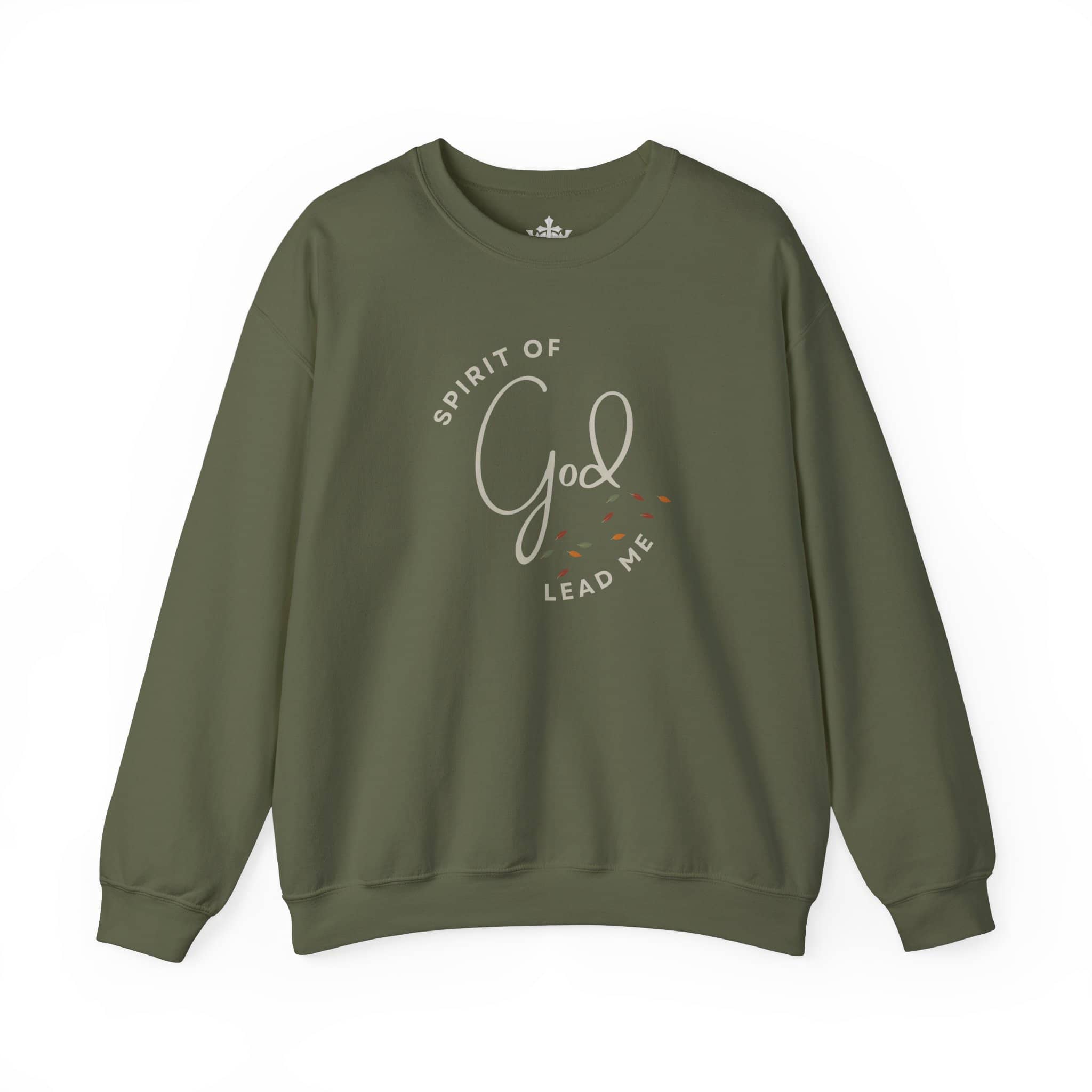Olive green Spirit Lead Me sweatshirt with God-themed spiritual text printed on front