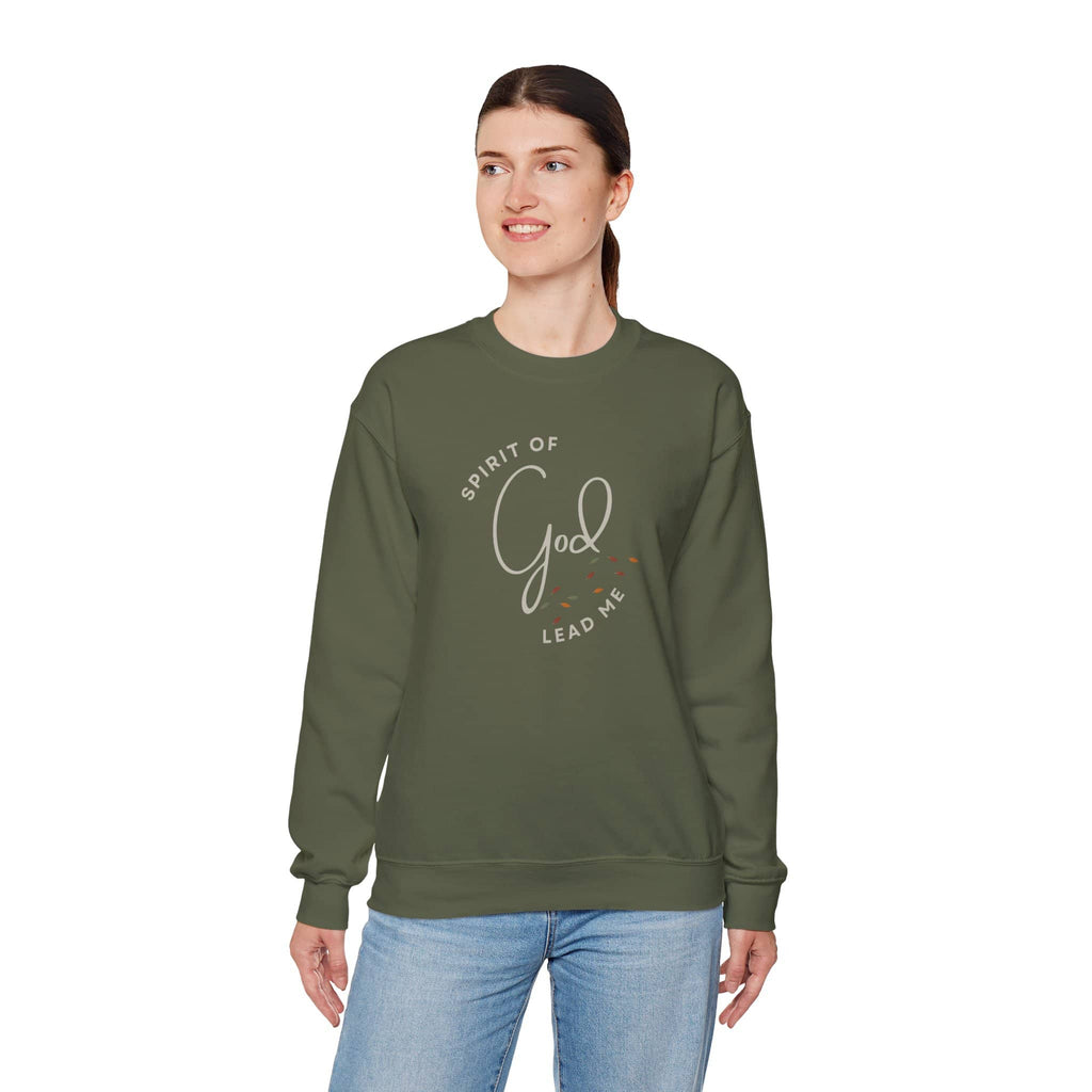 Woman wearing olive green Spirit Lead Me sweatshirt with God design by Logos Co.