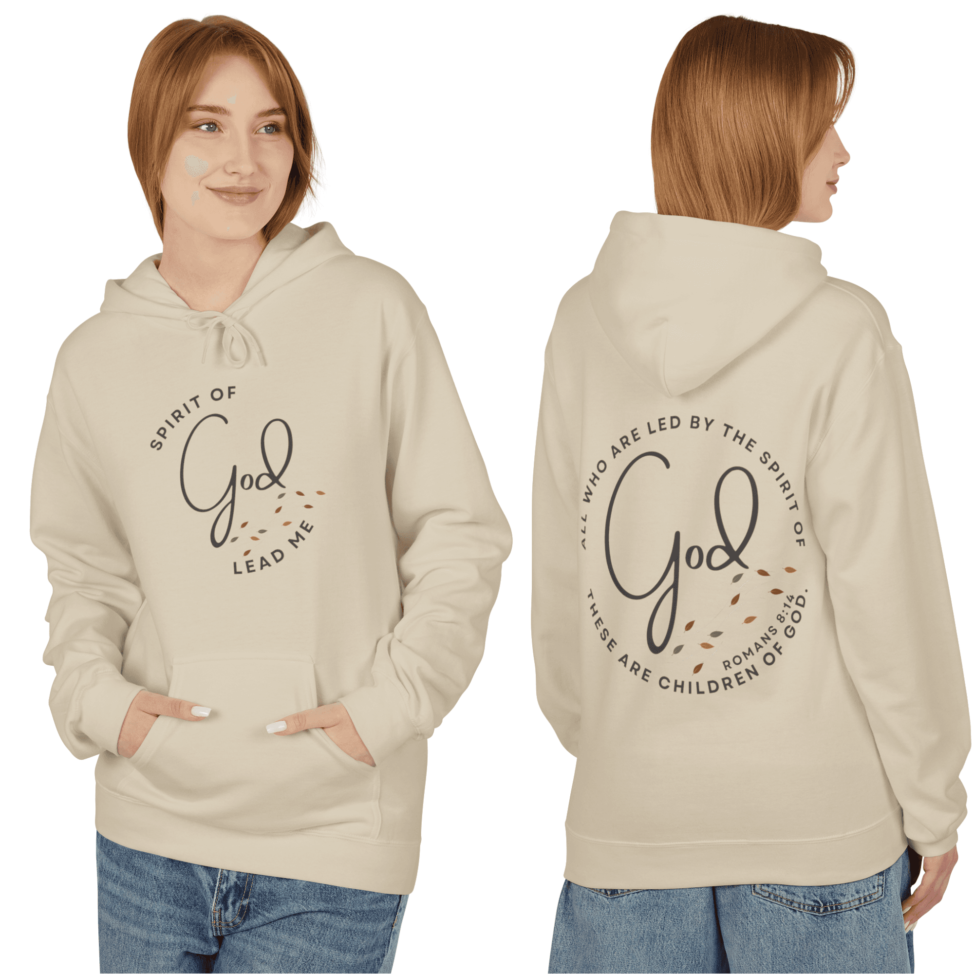 Spirit of God hoodie in beige with inspirational text on front and back for everyday wear
