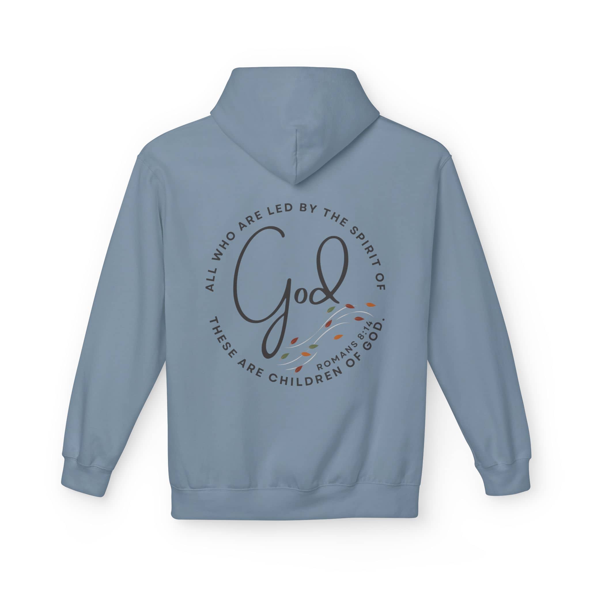 Blue Spirit of God hoodie featuring Romans text and a modern design for comfort and faith.