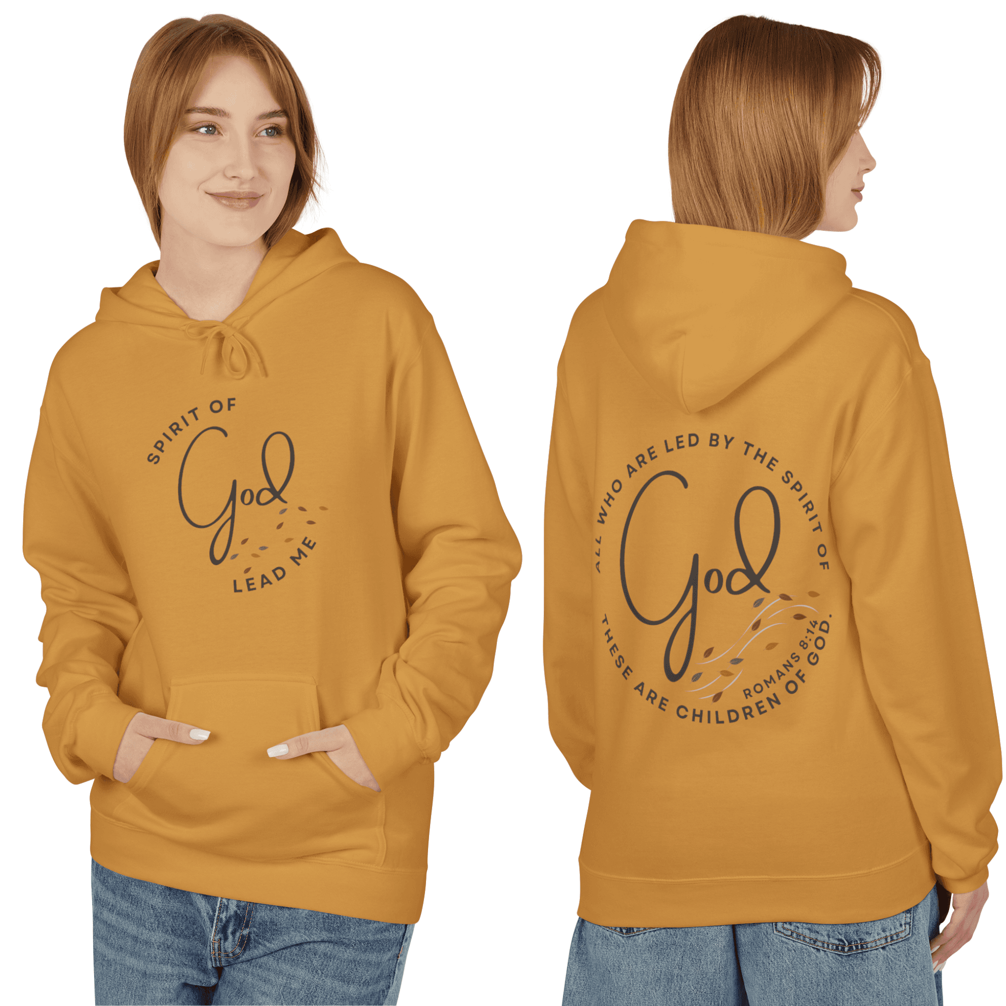 Spirit of God hoodie in gold with inspirational text and front pocket, perfect for casual wear