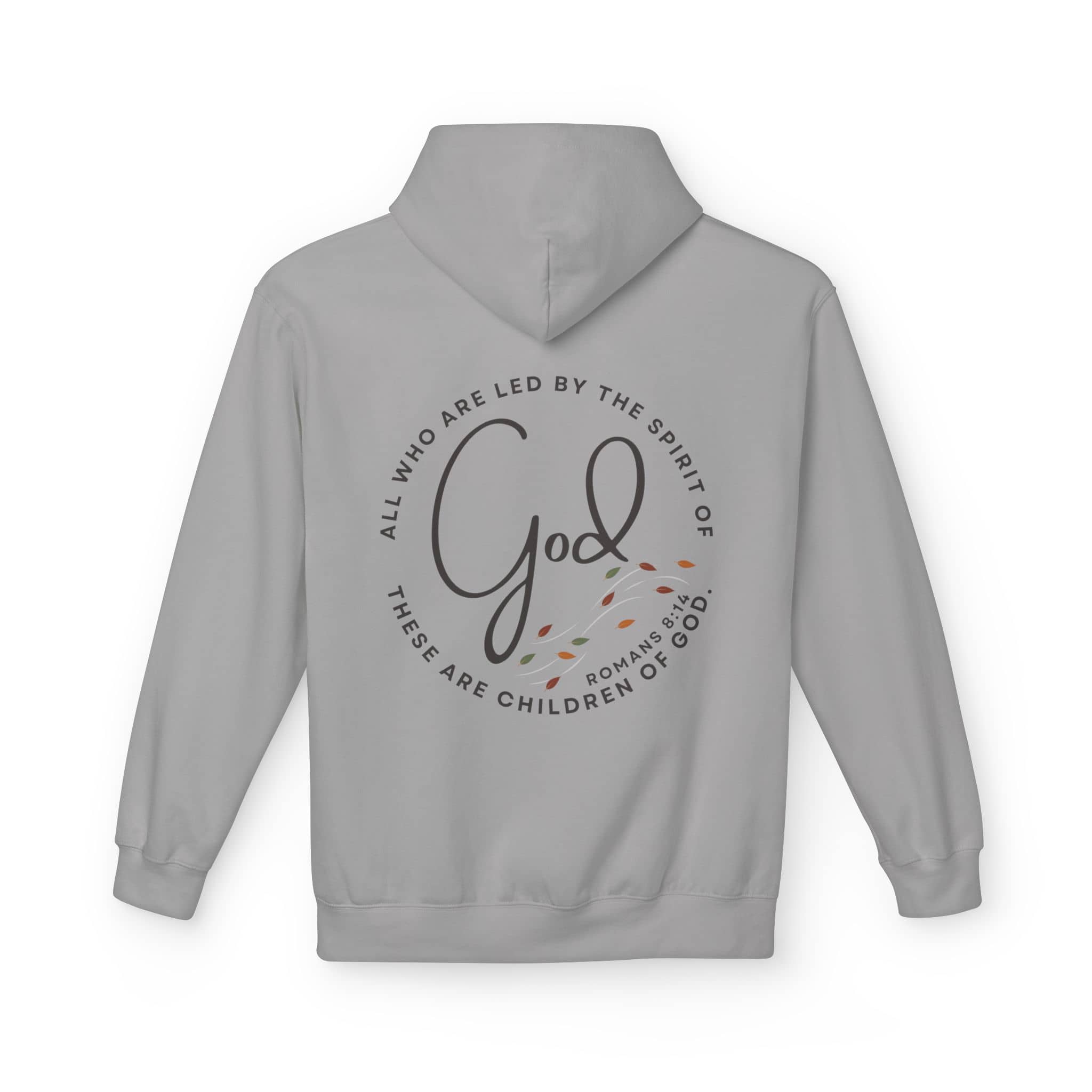 Light gray Spirit of God hoodie featuring a motivational quote from Romans on the back