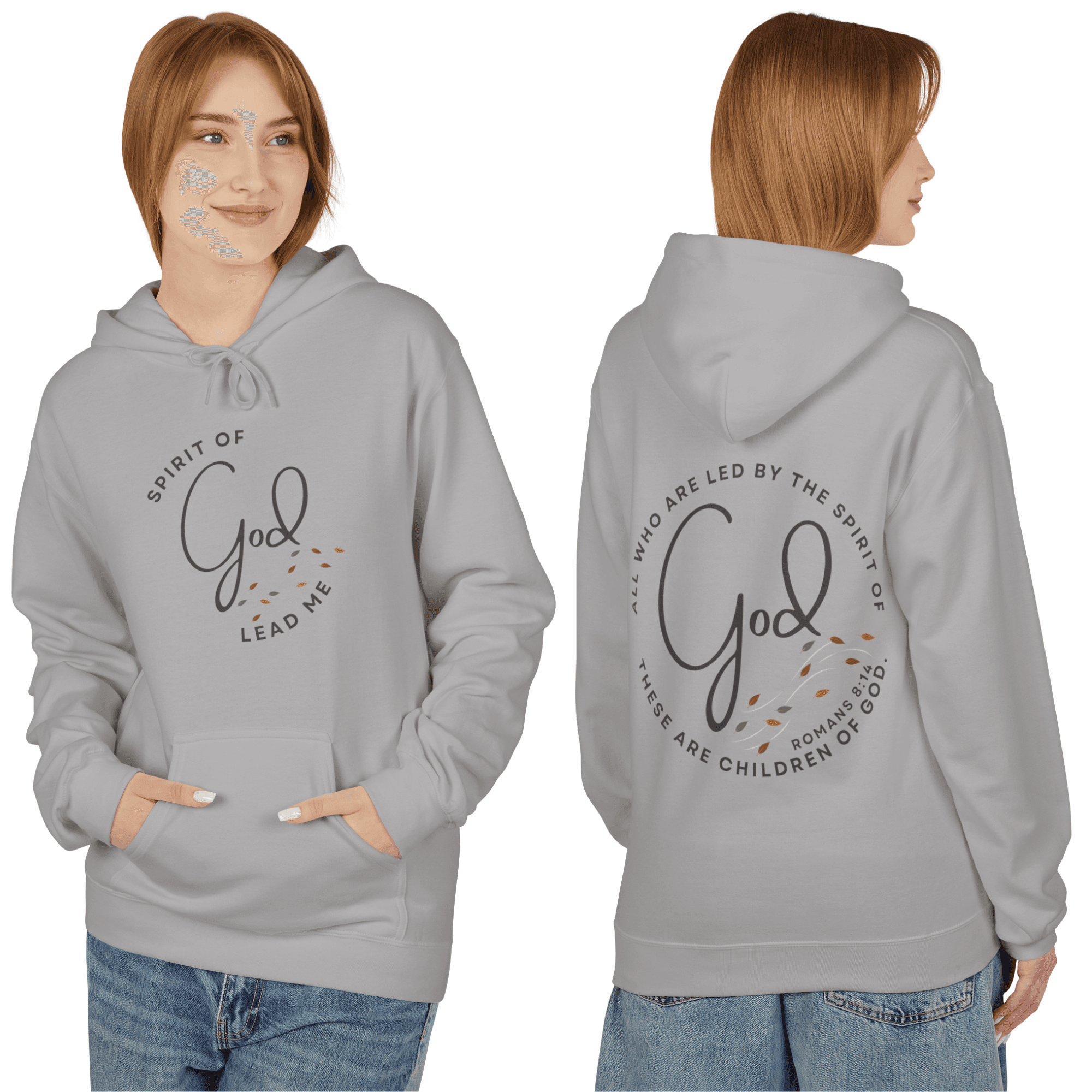 Light gray Spirit of God hoodie featuring a thoughtful graphic design and front pocket