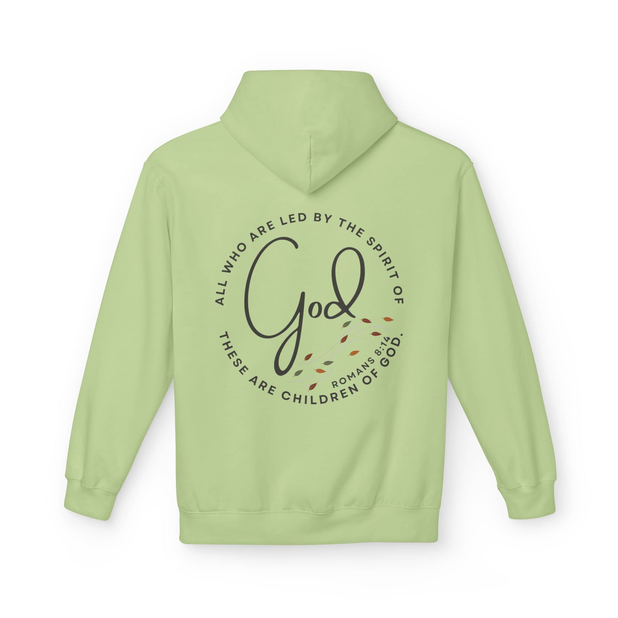 Light green Spirit of God hoodie with inspirational text on the back featuring Romans 8:14