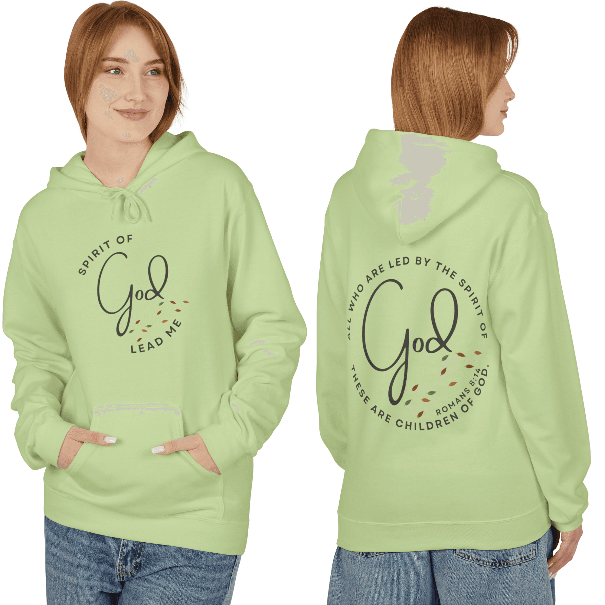 Light green Spirit of God hoodie featuring inspirational text on front and back for a comfortable fit