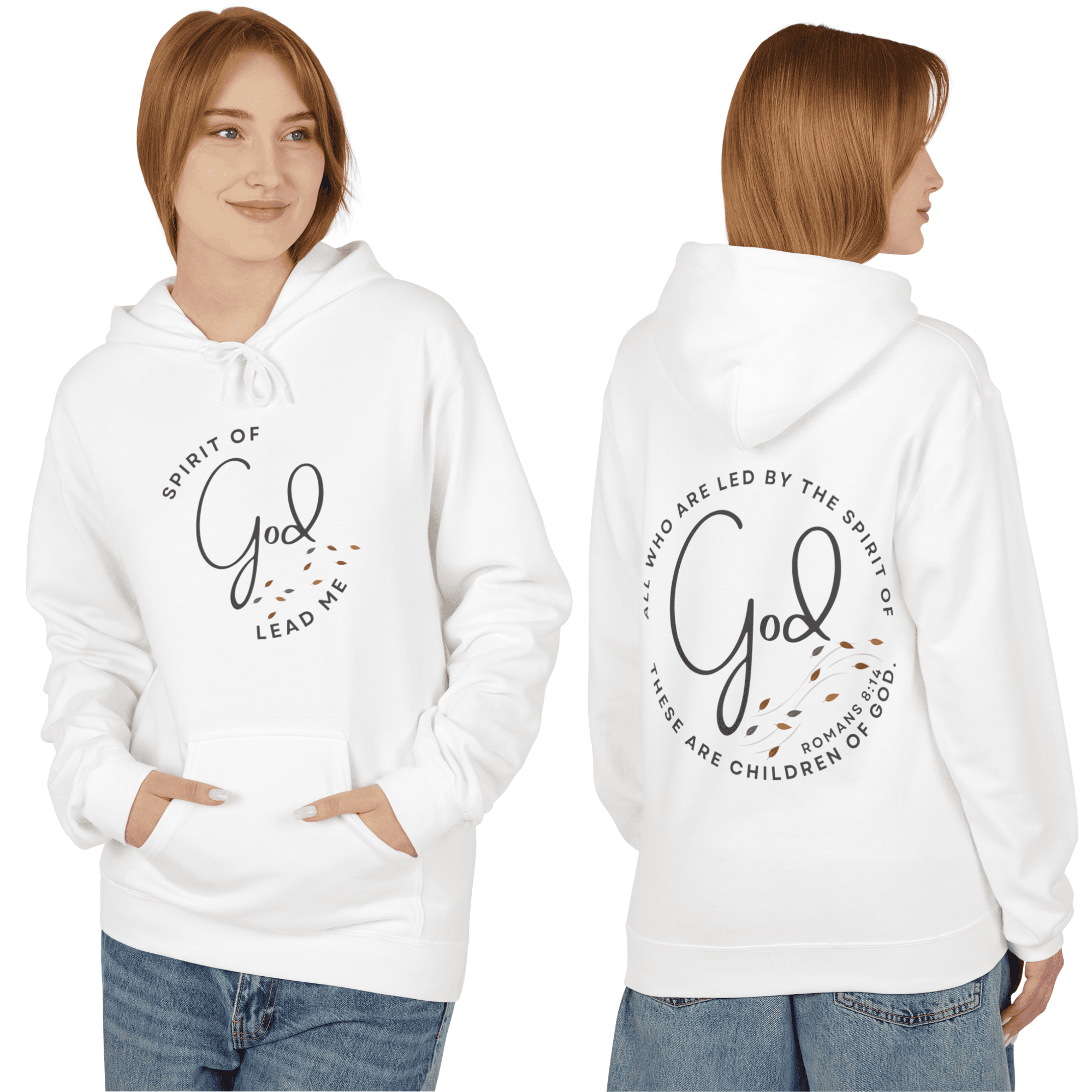White Spirit of God hoodie featuring inspirational text on front and back for a stylish look