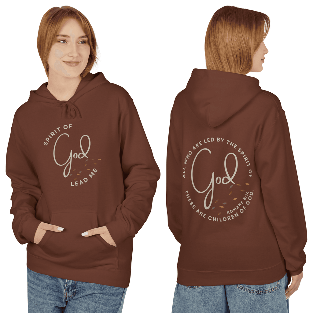 Spirit of God Lead Me sweatshirt in brown with a cozy hood and front pockets for comfort