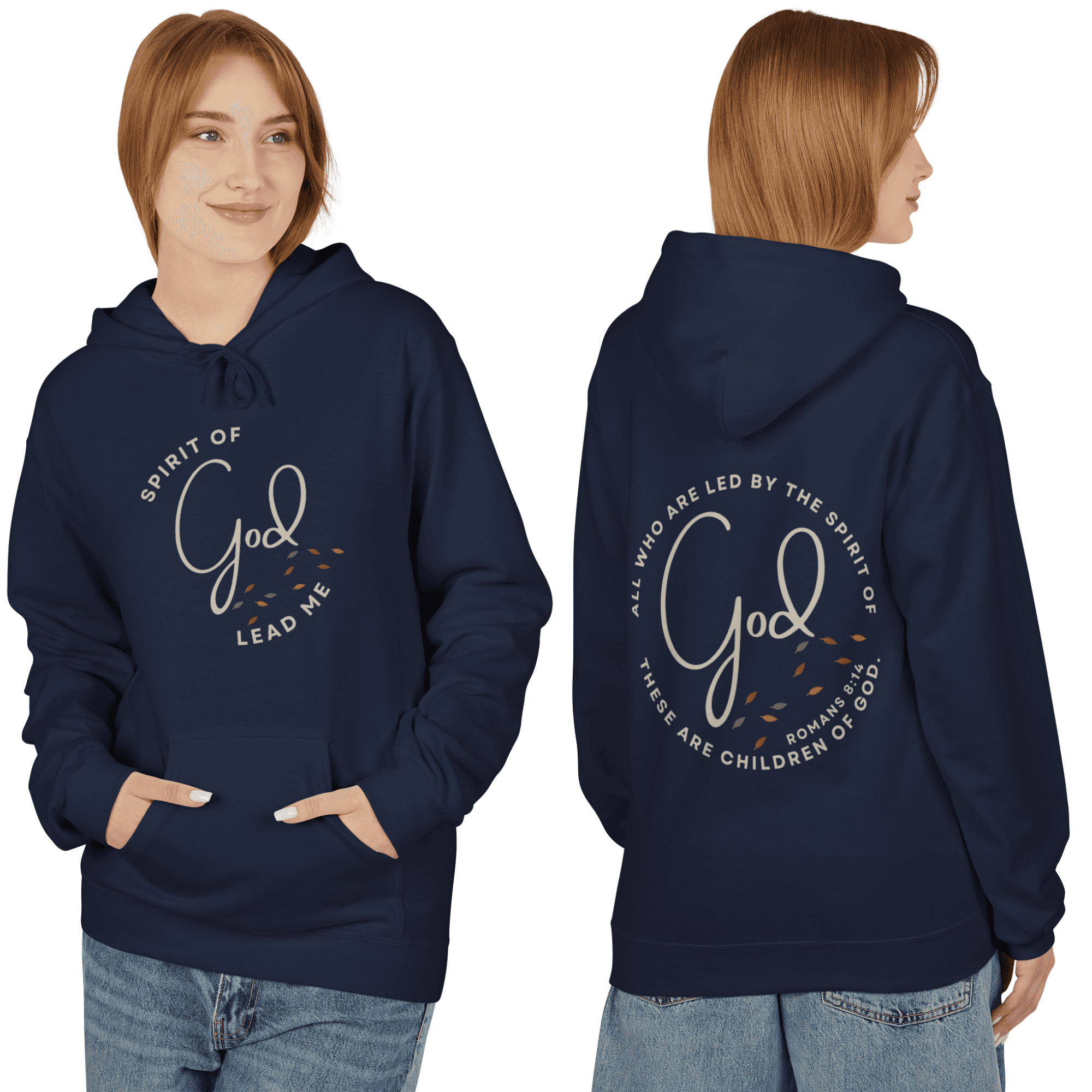 Navy Spirit of God Lead Me sweatshirt with inspiring text and front pocket for comfort