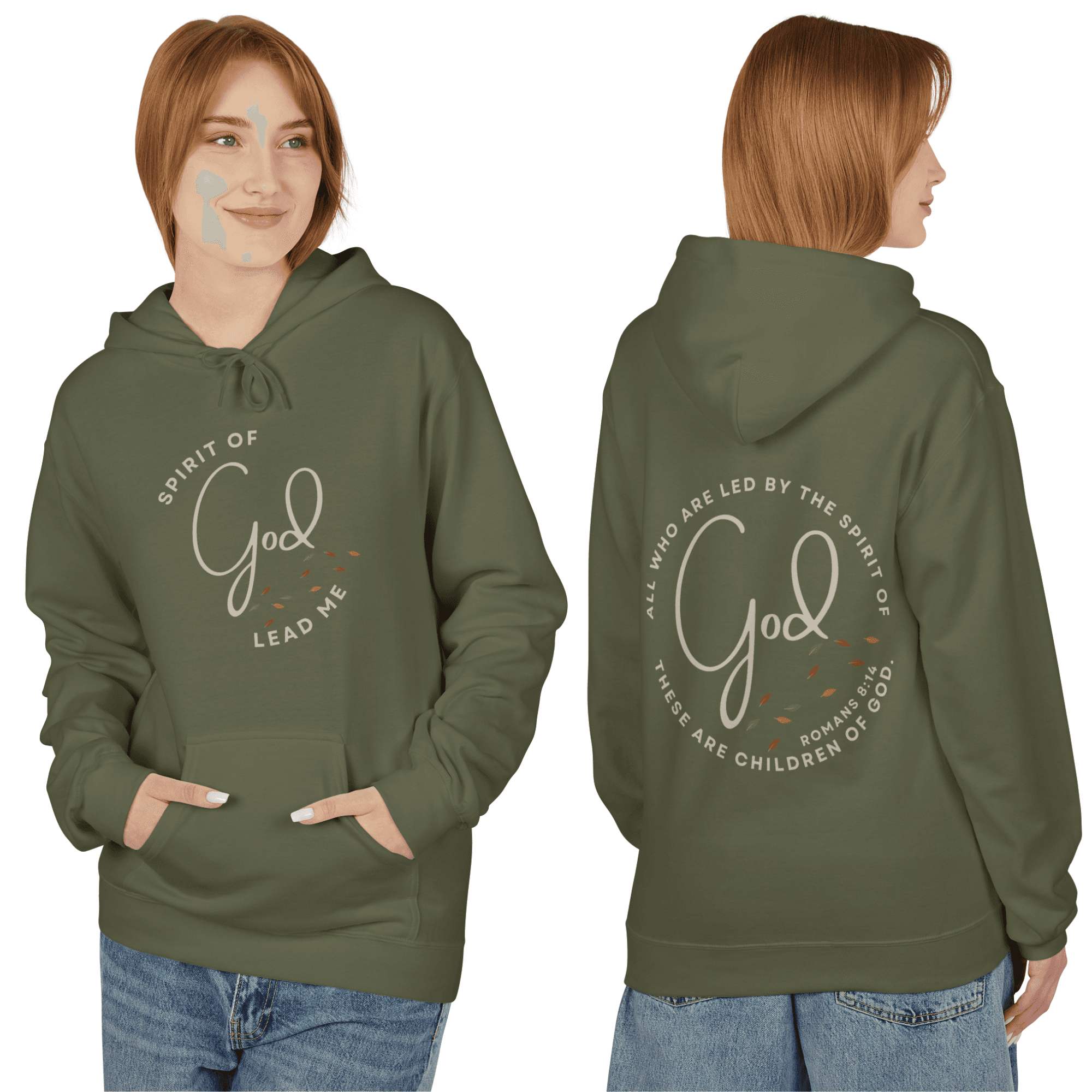 Spirit of God Lead Me sweatshirt in olive green featuring encouraging text on the back