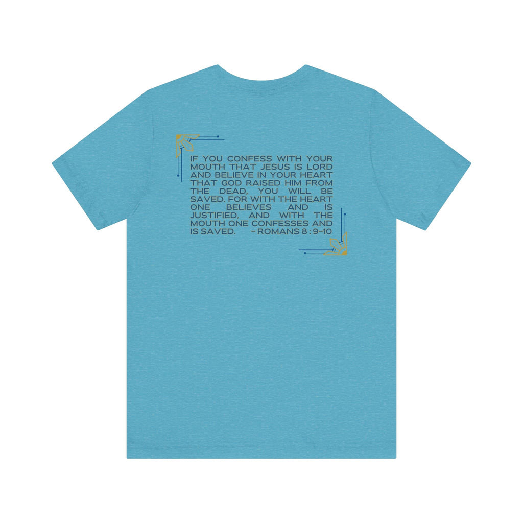 Still Saving Souls shirt in blue with inspirational Bible verse Romans 8:9-10 printed on back