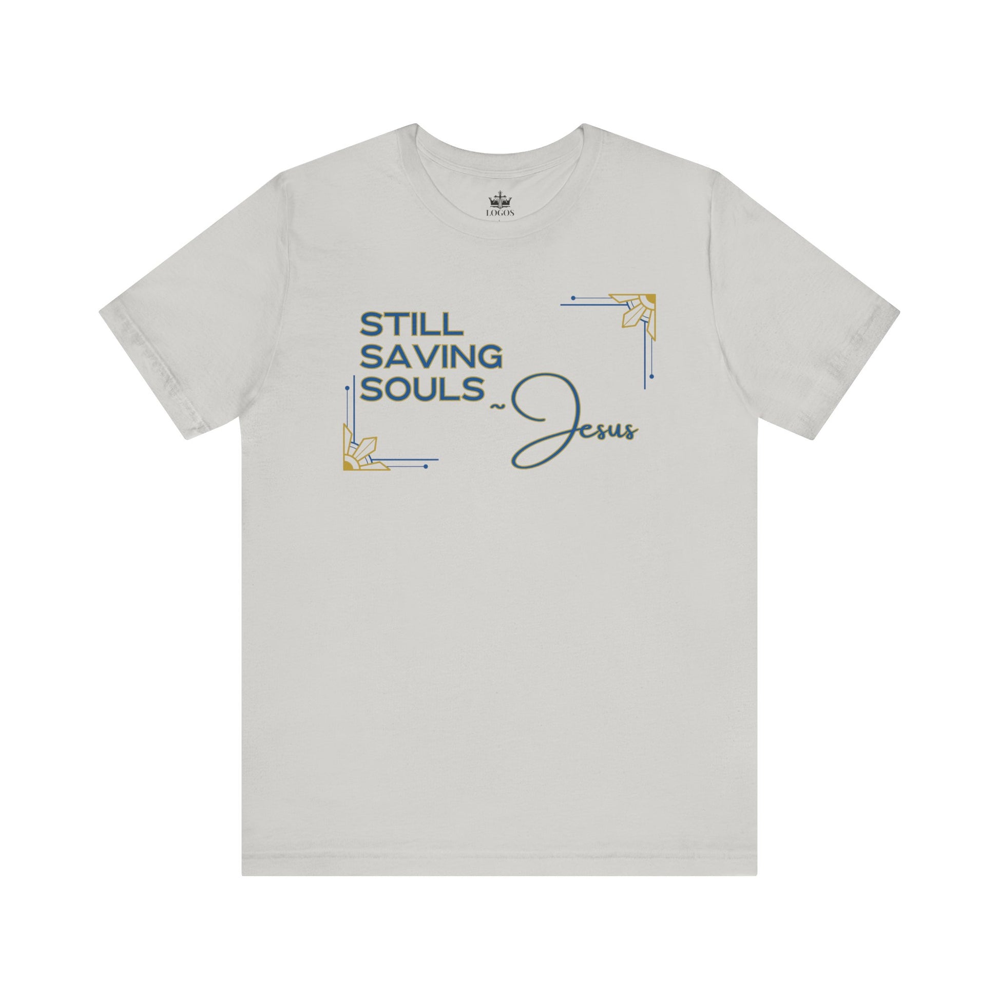 Light gray Logos Co. Still Saving Souls shirt front design view