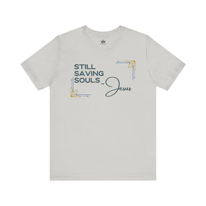 Light gray Logos Co. Still Saving Souls shirt front design view