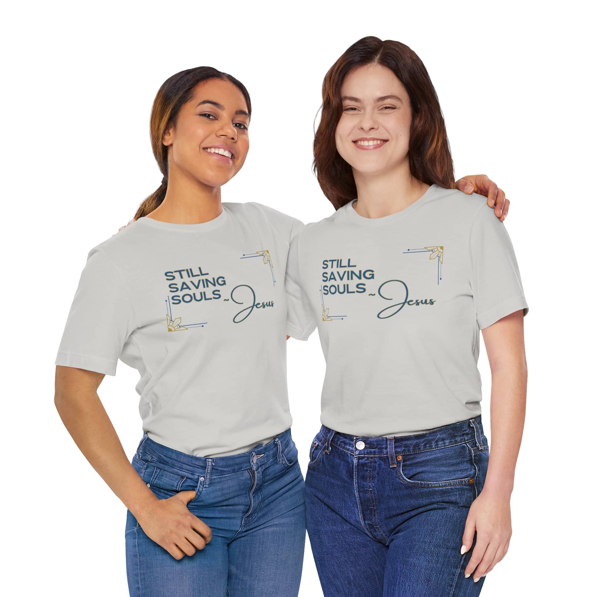 Logos Co. light gray Still Saving Souls shirt worn by two women showing front design