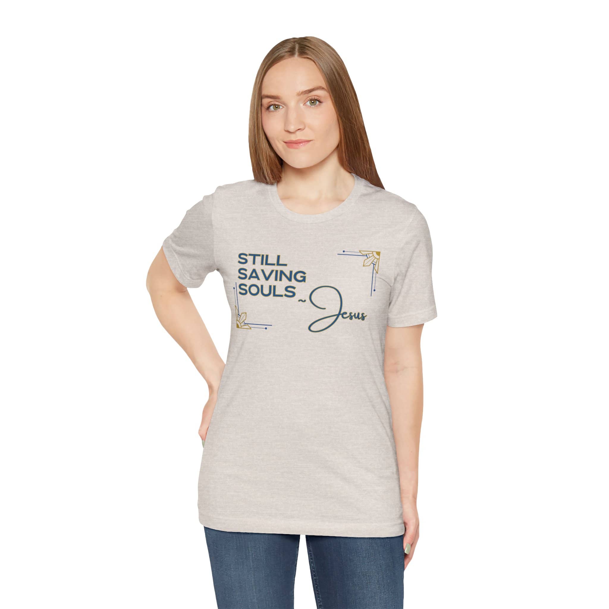 Light Heather Gray Still Saving Souls shirt worn by woman with bible-themed design and casual fit