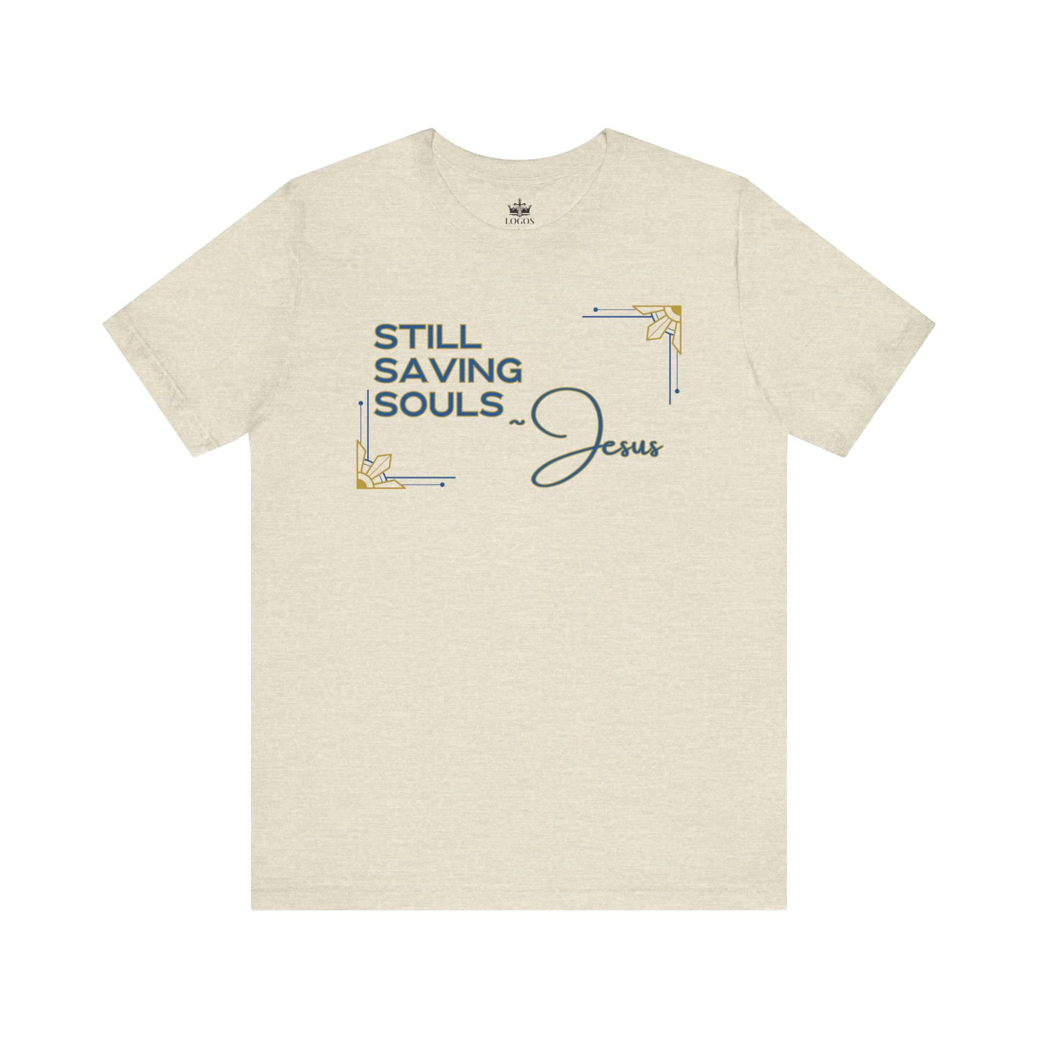 Logos Co. beige Still Saving Souls shirt with Jesus text and decorative blue and gold accents