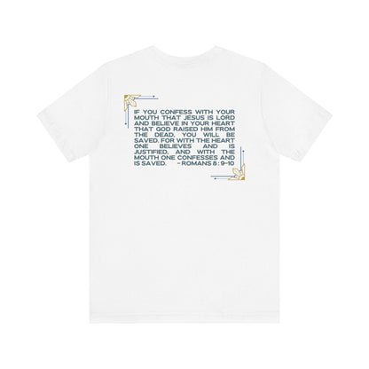 Logos Co. white Still Saving Souls shirt with Bible verse Romans 8:9-10 text design