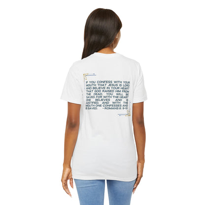 Logos Co. white Still Saving Souls shirt with Bible verse Romans 8:9-10 printed on back worn by woman