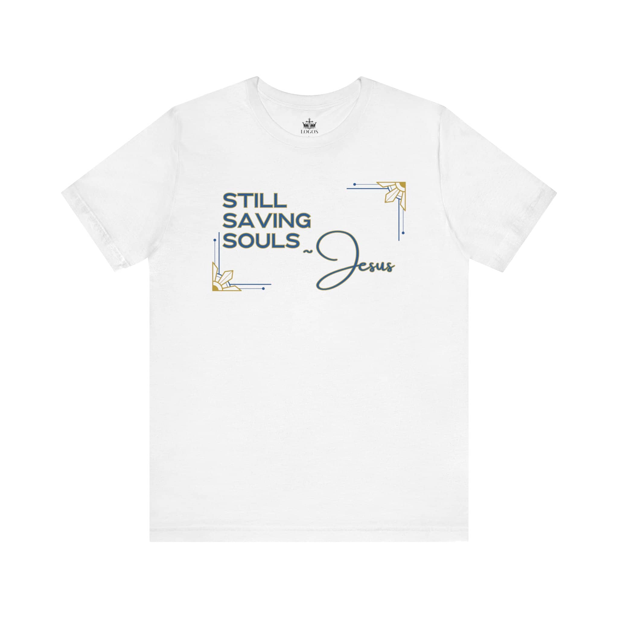 White Logos Co. T-shirt with Still Saving Souls shirt text and decorative Jesus design